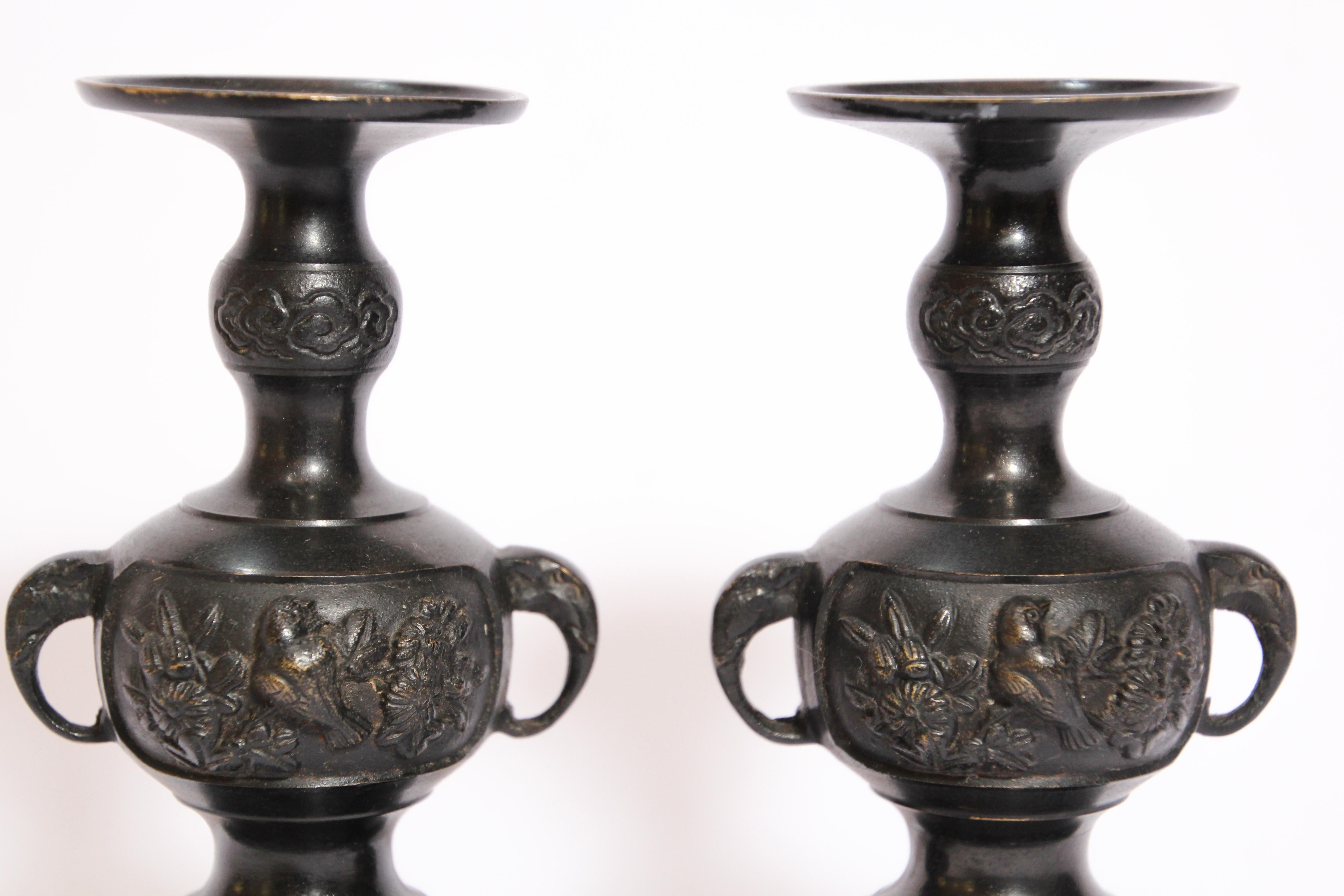 Cast Pair of Black Bronze Japanese Candleholders Incense Burner For Sale
