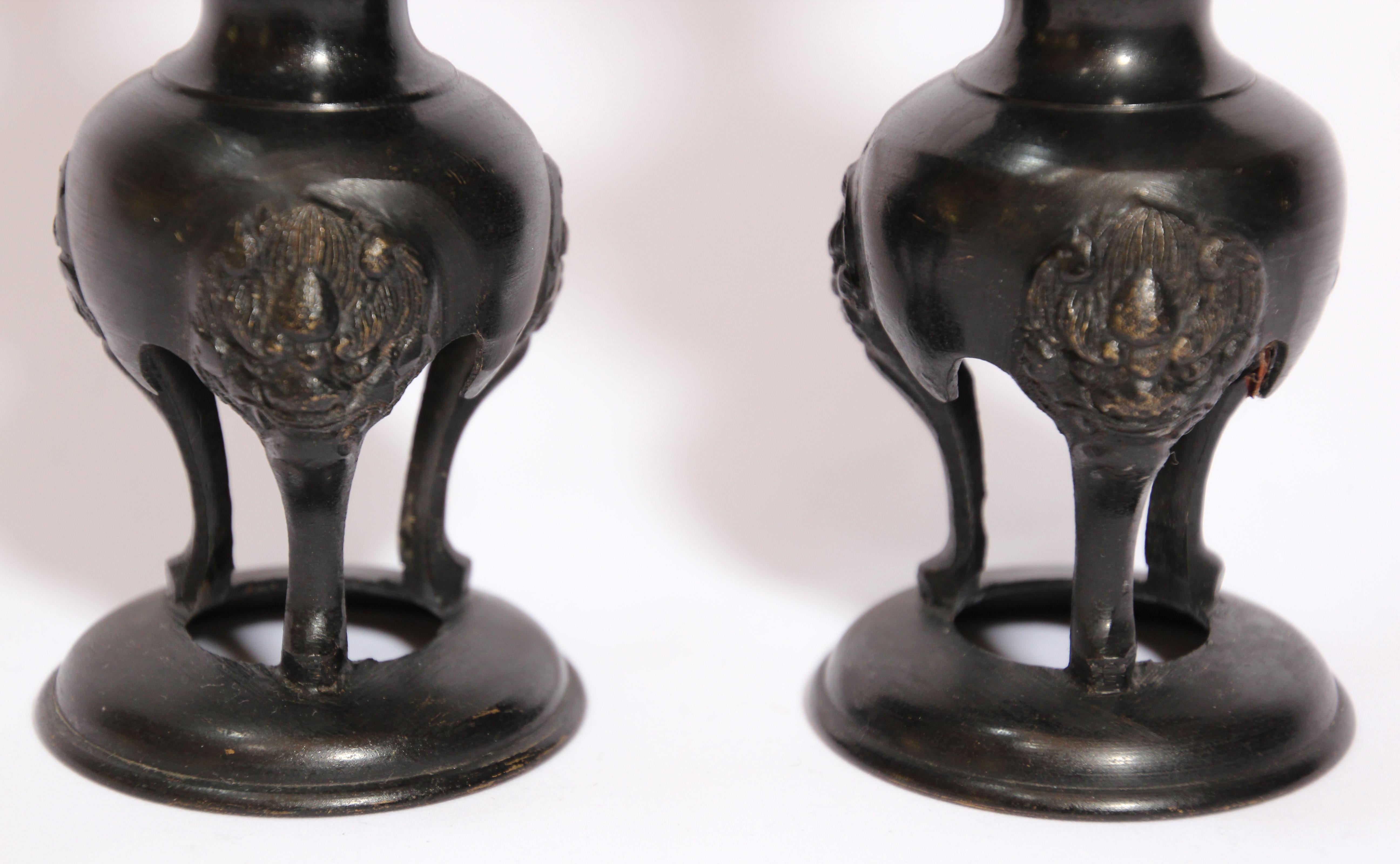 Pair of Black Bronze Japanese Candleholders Incense Burner In Good Condition For Sale In North Hollywood, CA
