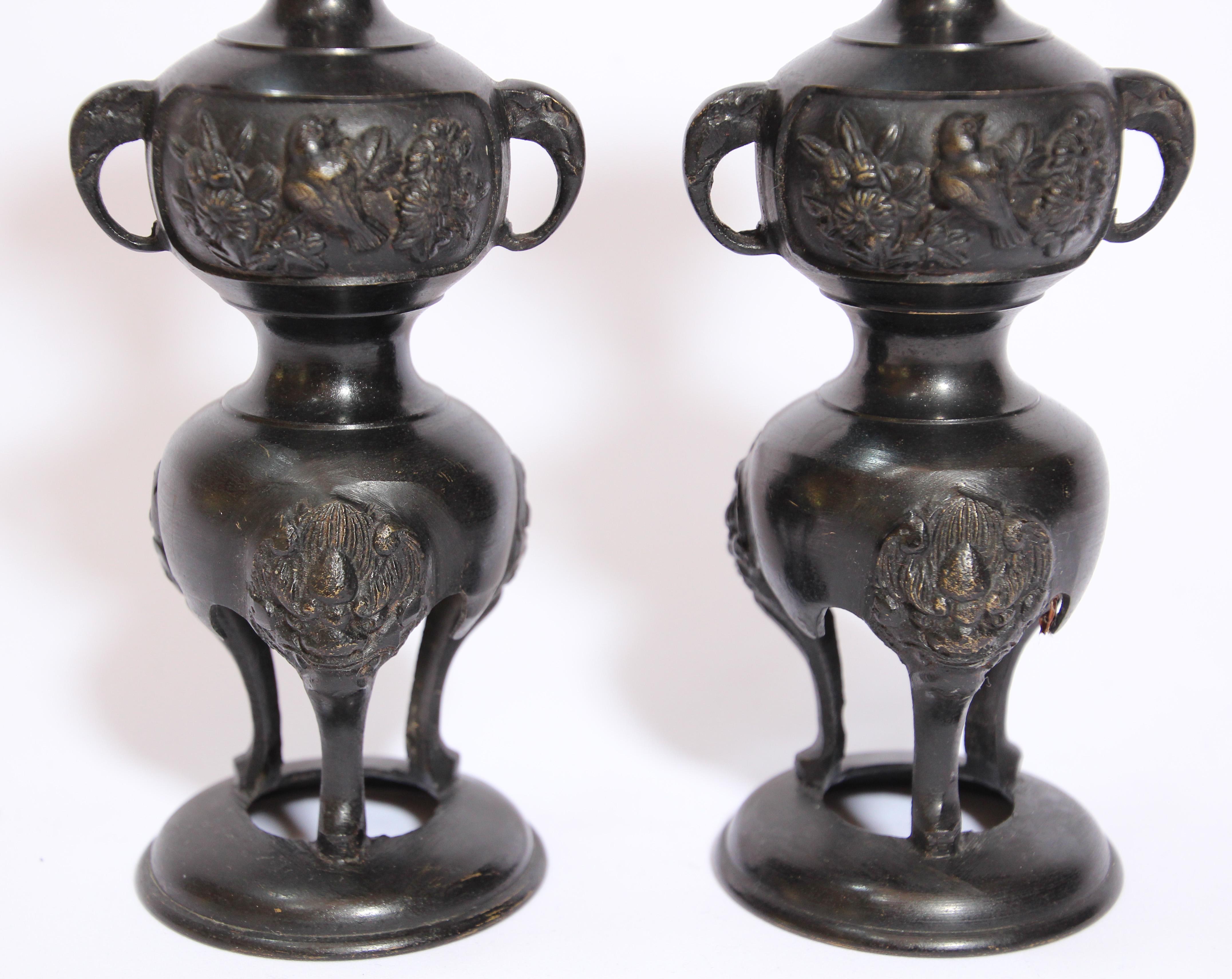 19th Century Pair of Black Bronze Japanese Candleholders Incense Burner For Sale
