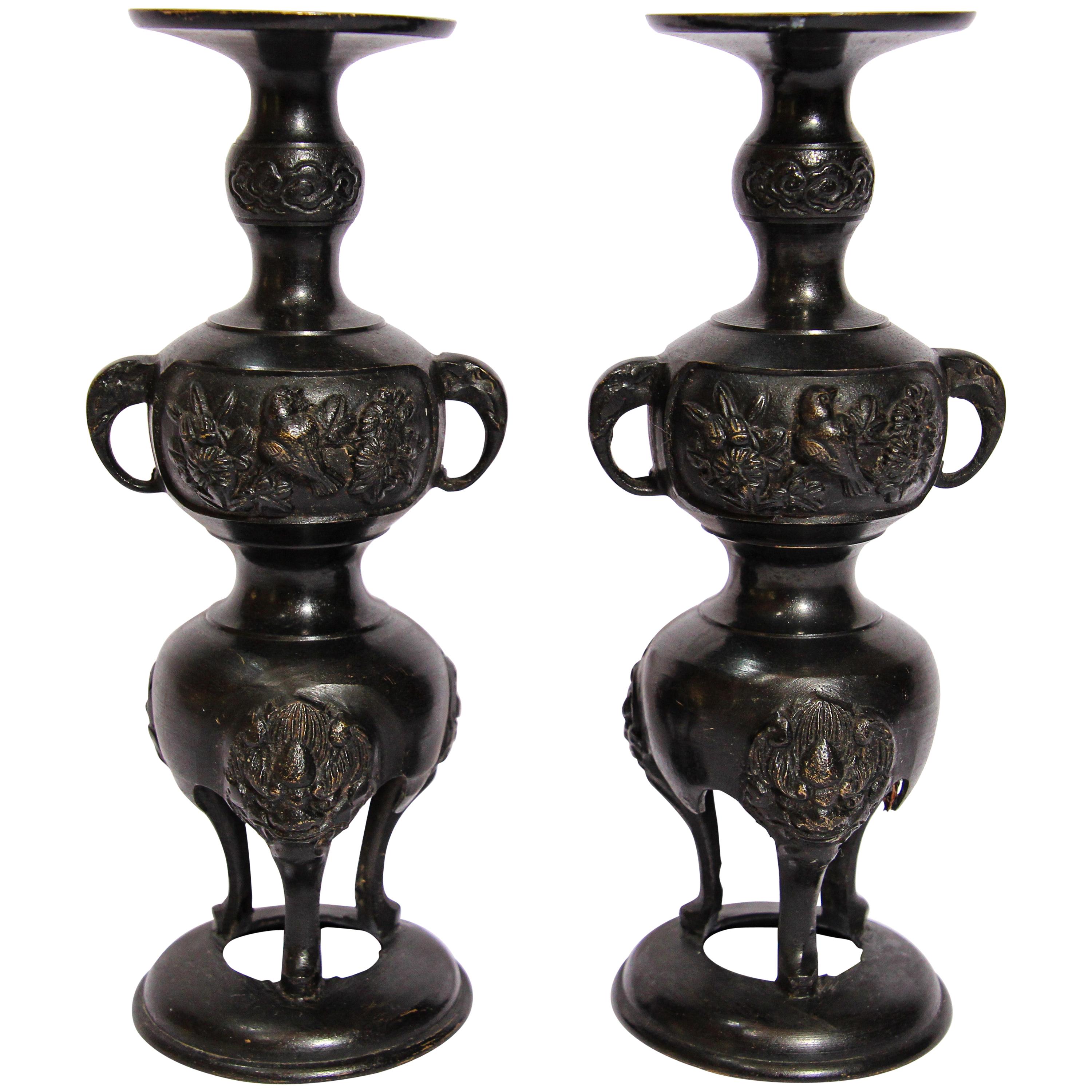 Pair of Black Bronze Japanese Candleholders Incense Burner For Sale