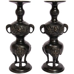 Pair of Black Bronze Japanese Candleholders Incense Burner