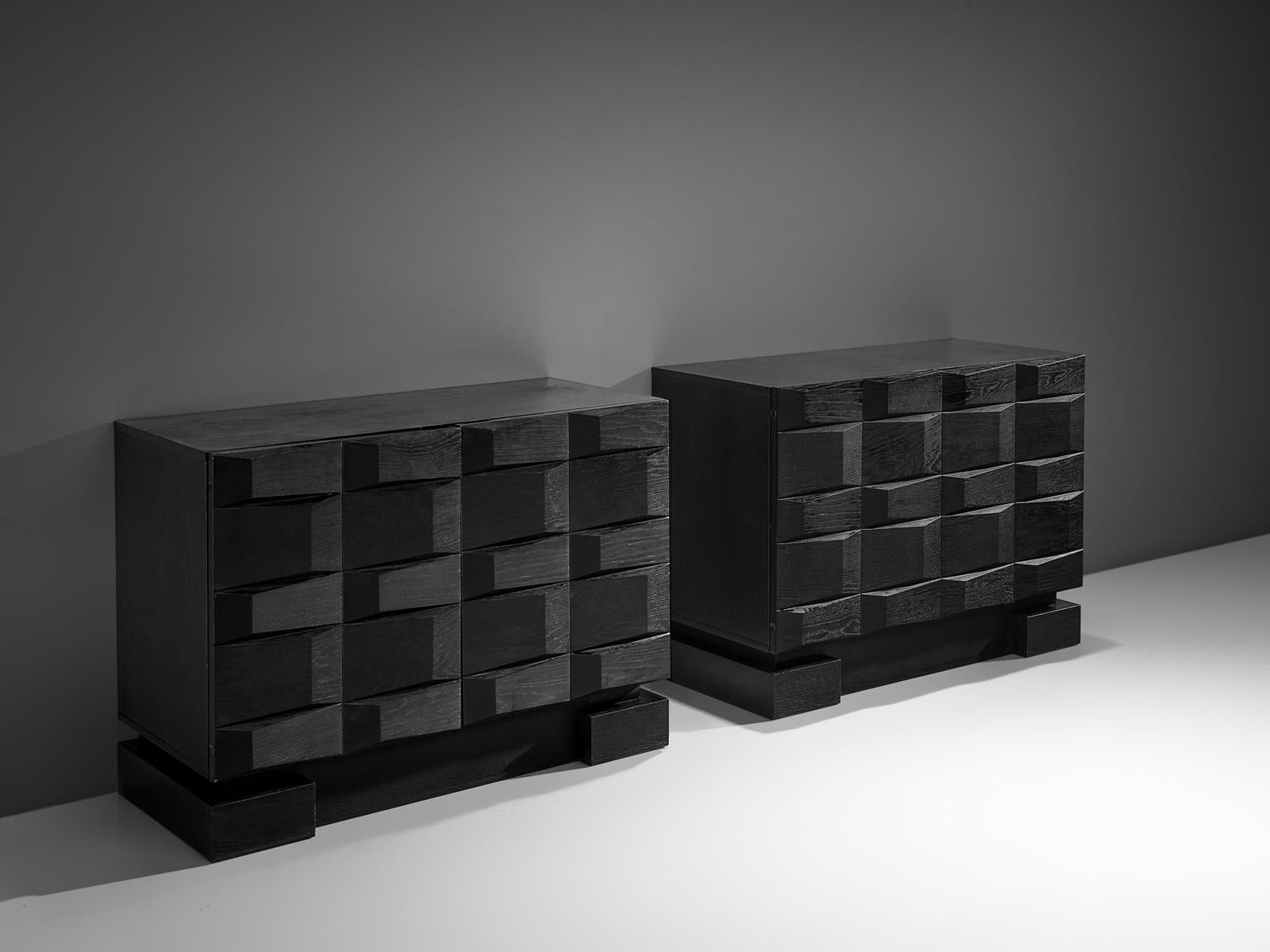 European Pair of Black Brutalist Cabinets, circa 1970