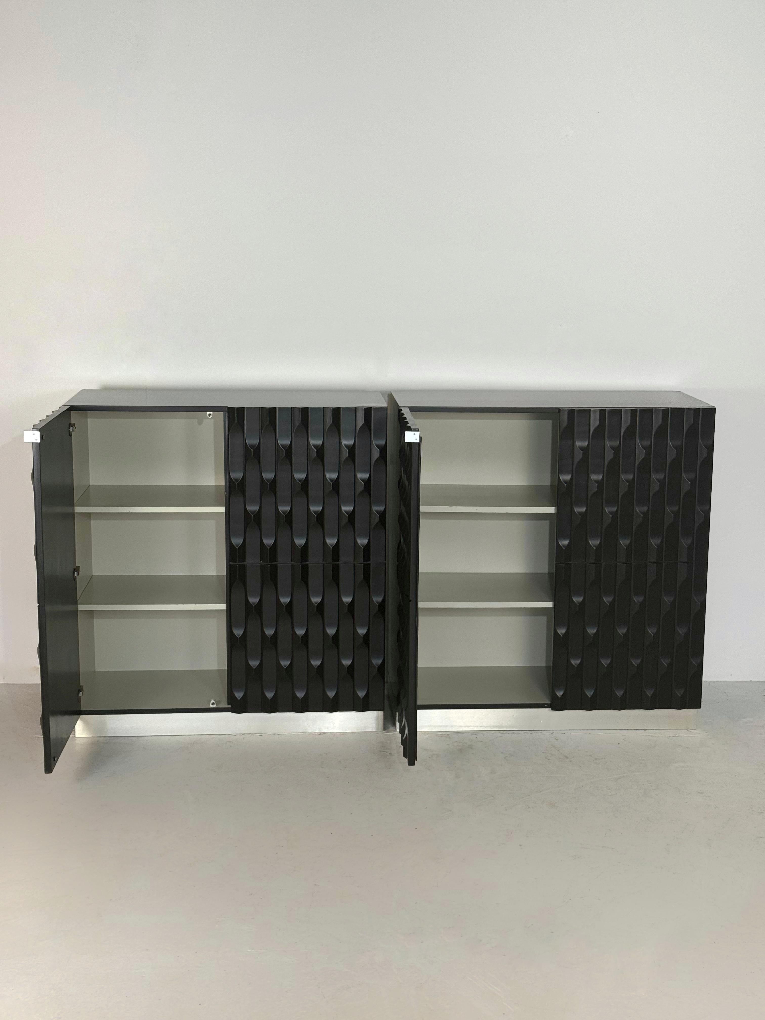 Pair of Black brutalist cabinets with graphic door panels, 1970s In Excellent Condition For Sale In Sint-Niklaas, VOV