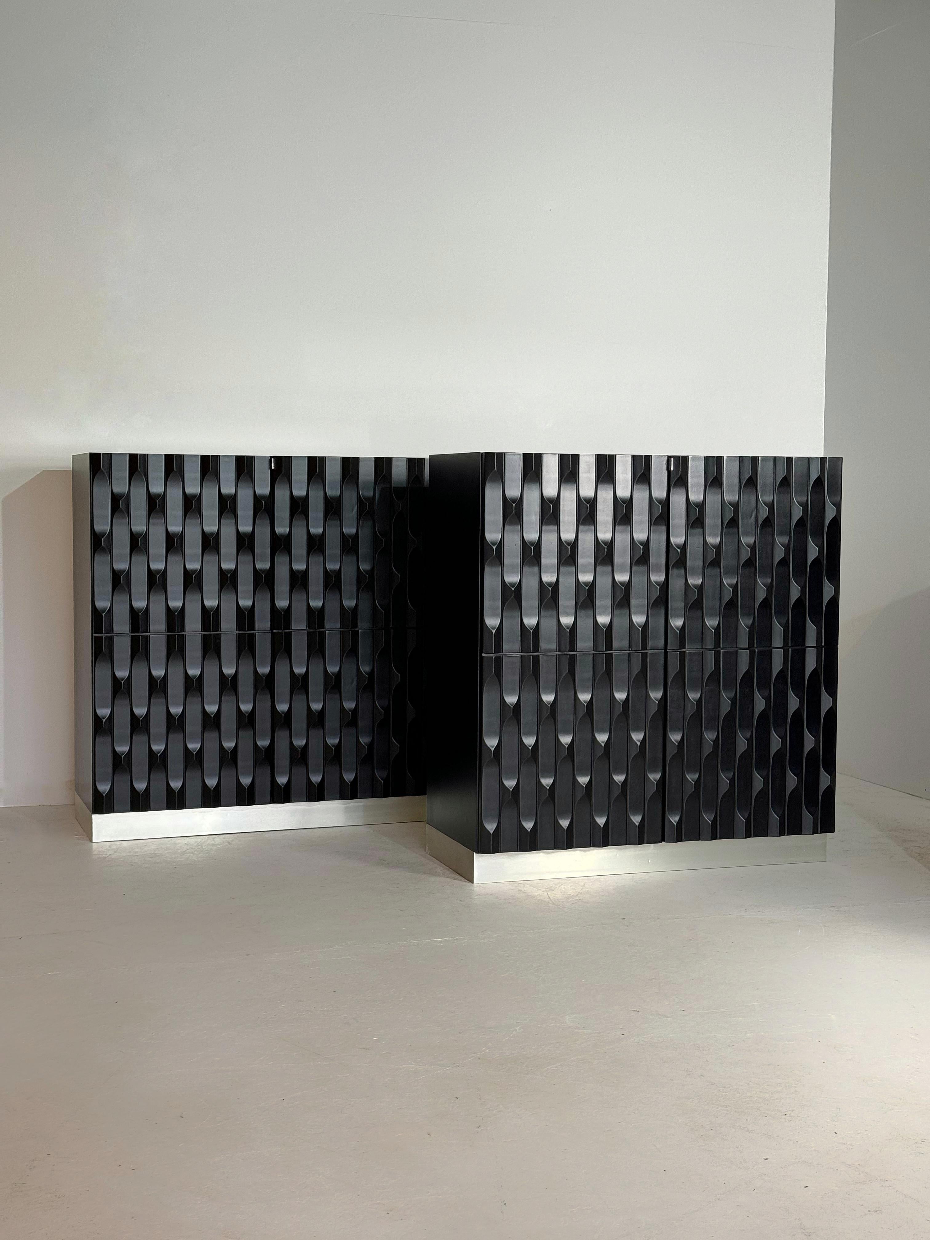 Pair of Black brutalist cabinets with graphic door panels, 1970s For Sale 1