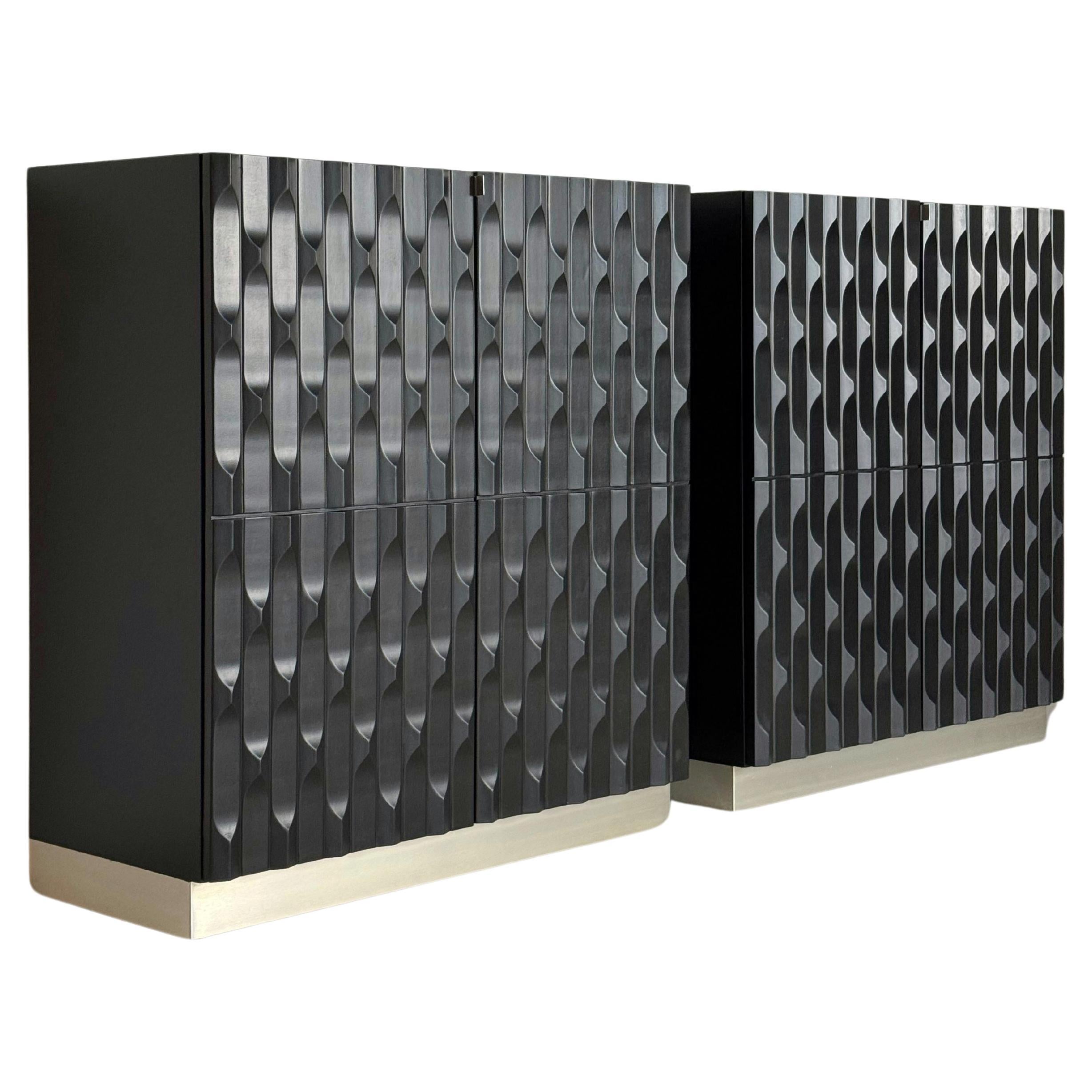 Pair of Black brutalist cabinets with graphic door panels, 1970s For Sale