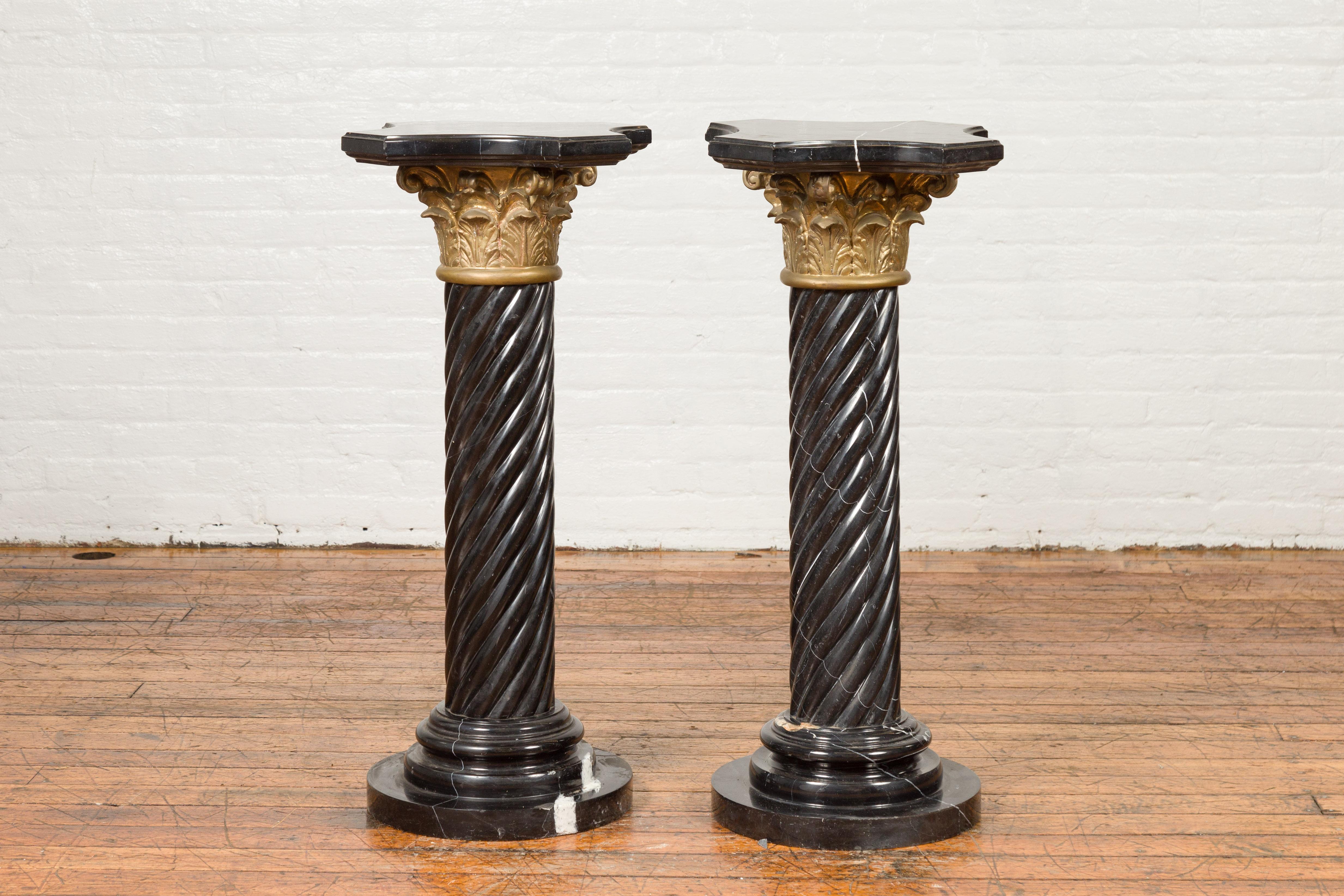 Pair of Black Carrara Marble Twisted Pedestals with Bronze Corinthian Capitals 6