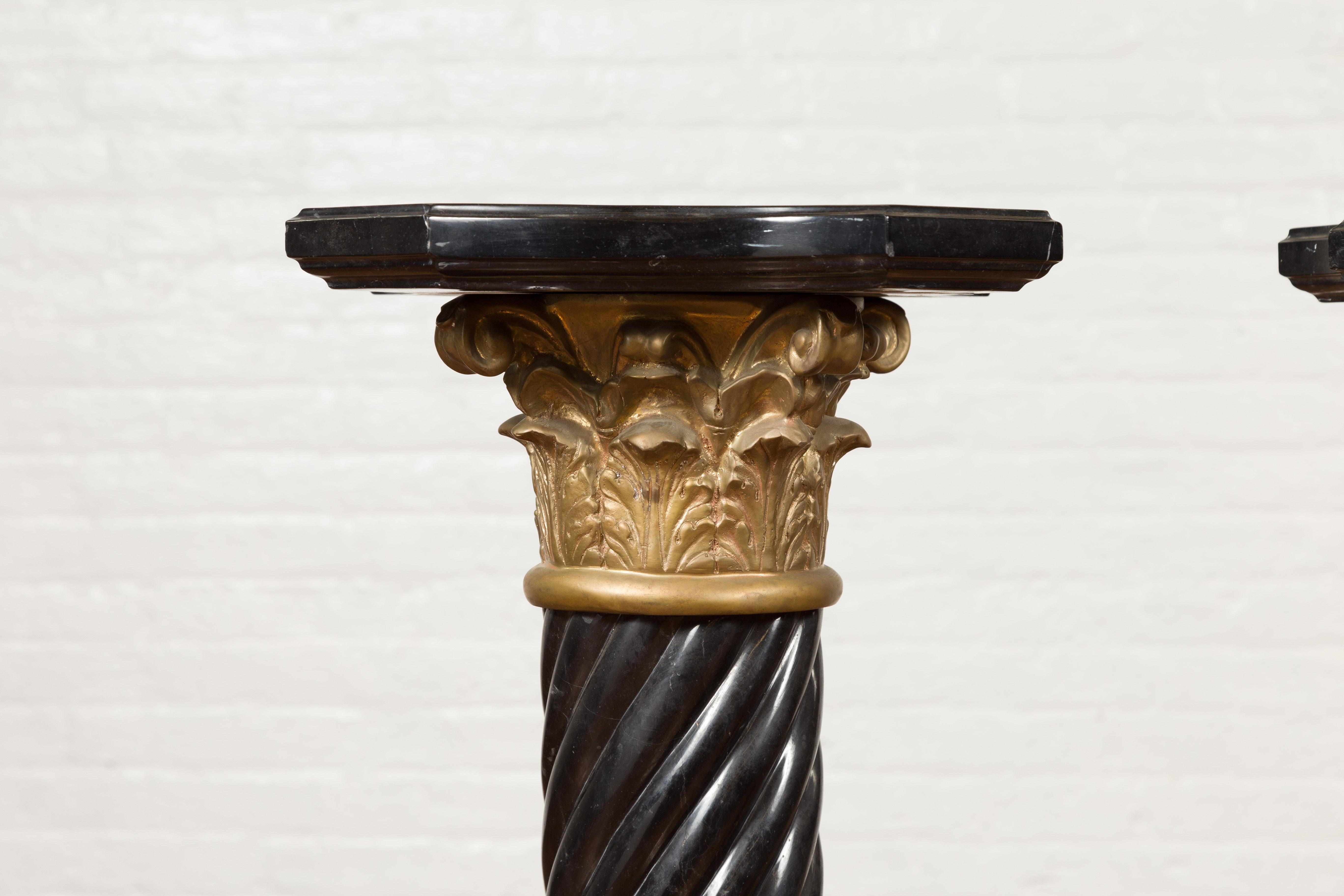 Pair of Black Carrara Marble Twisted Pedestals with Bronze Corinthian Capitals In Good Condition In Yonkers, NY