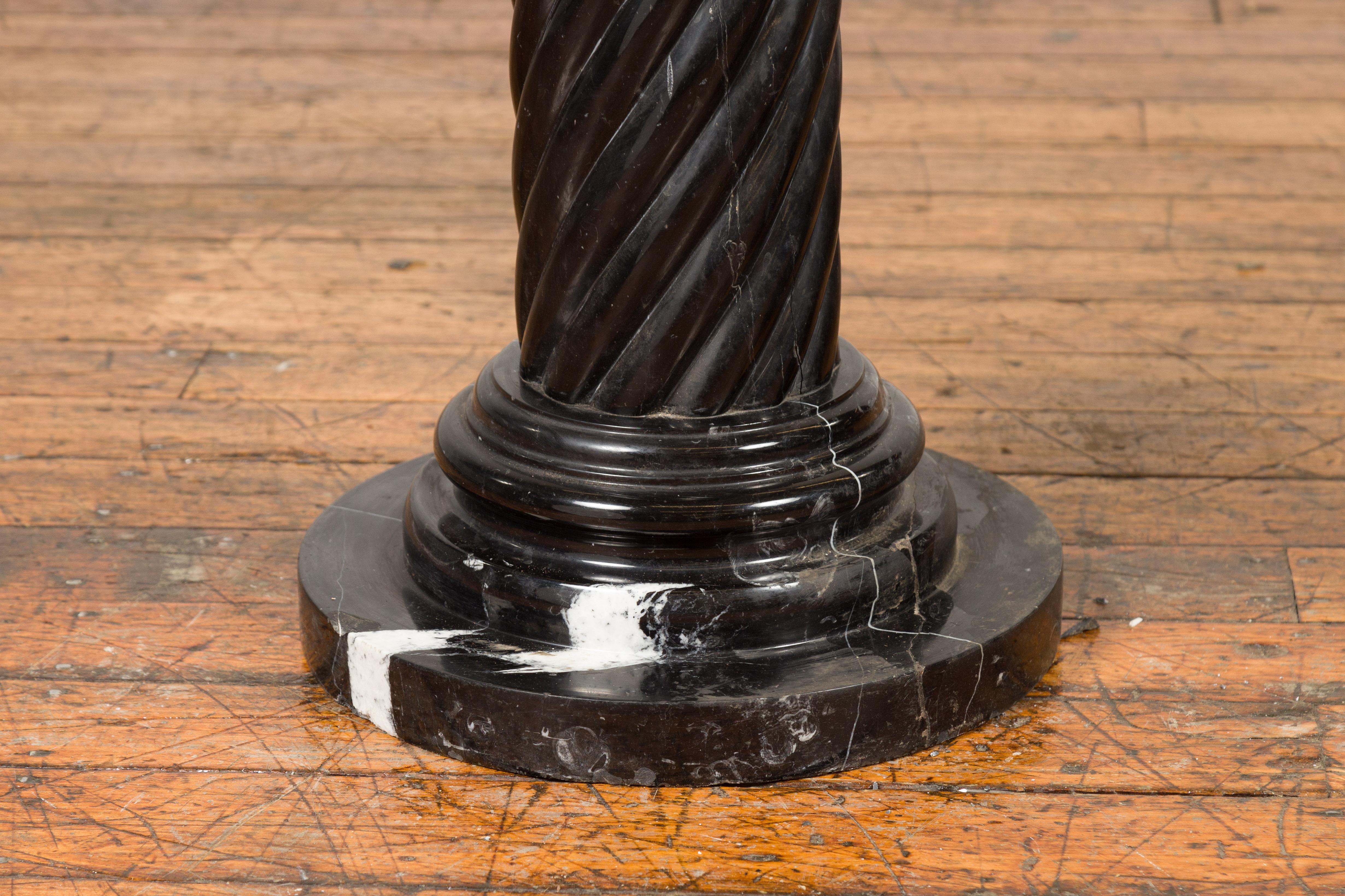 20th Century Pair of Black Carrara Marble Twisted Pedestals with Bronze Corinthian Capitals