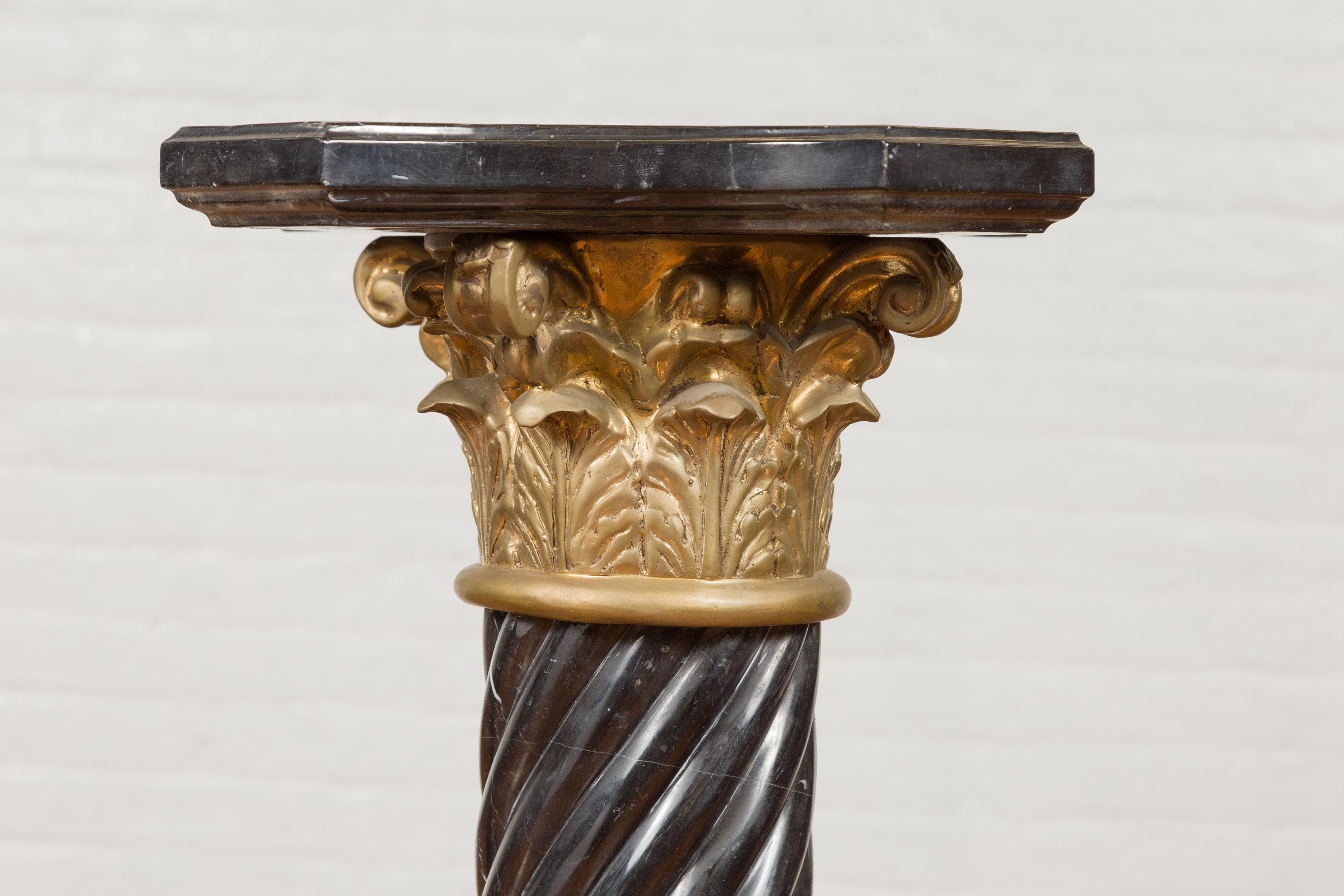 Pair of Black Carrara Marble Twisted Pedestals with Bronze Corinthian Capitals 1