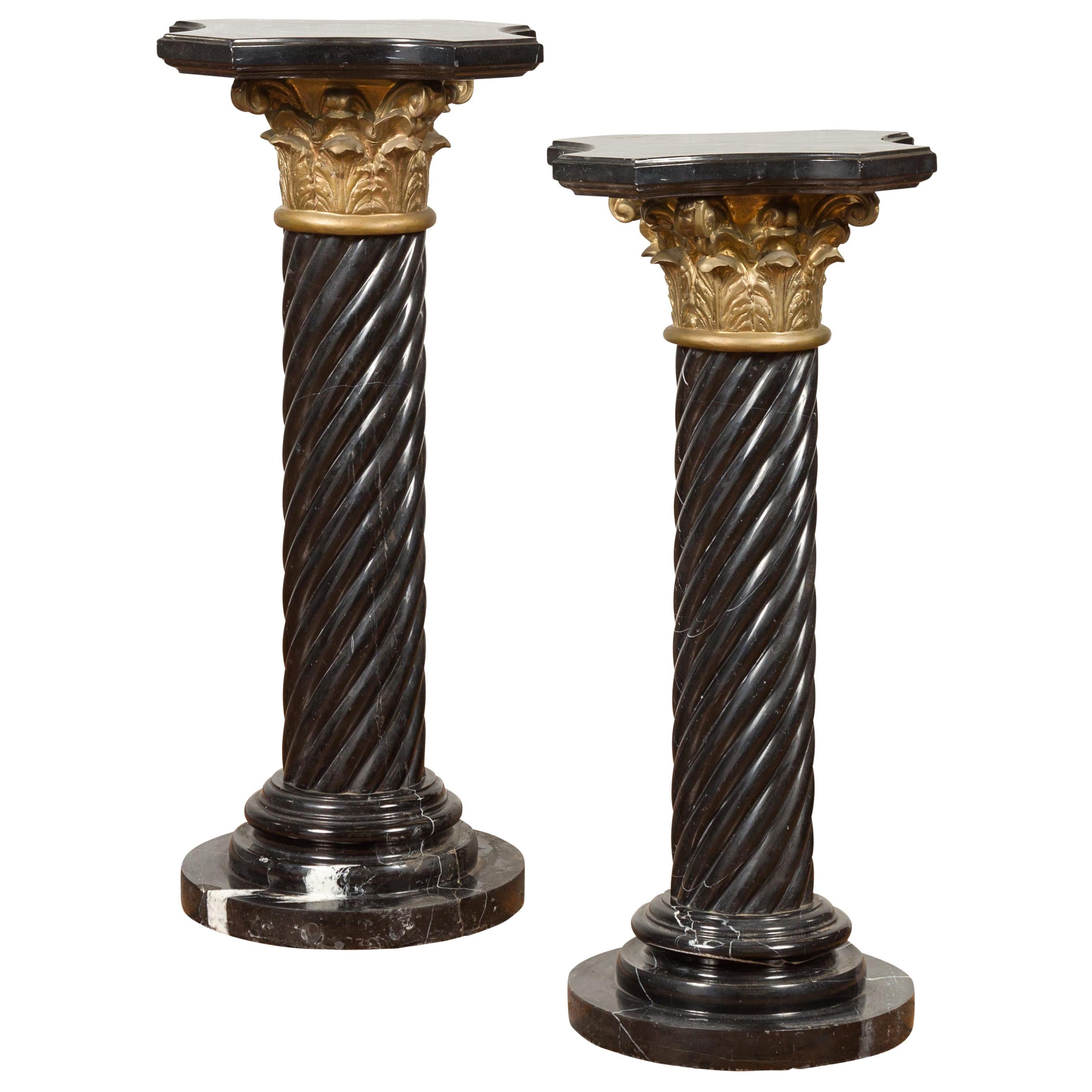 Pair of Black Carrara Marble Twisted Pedestals with Bronze Corinthian Capitals