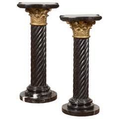 Pair of Black Carrara Marble Twisted Pedestals with Bronze Corinthian Capitals