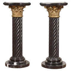 Pair of Black Carrara Marble Twisted Pedestals with Bronze Corinthian Capitals