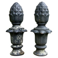Antique Pair Of Black Cast Iron Pineapple Finial Form Garden Sculptures