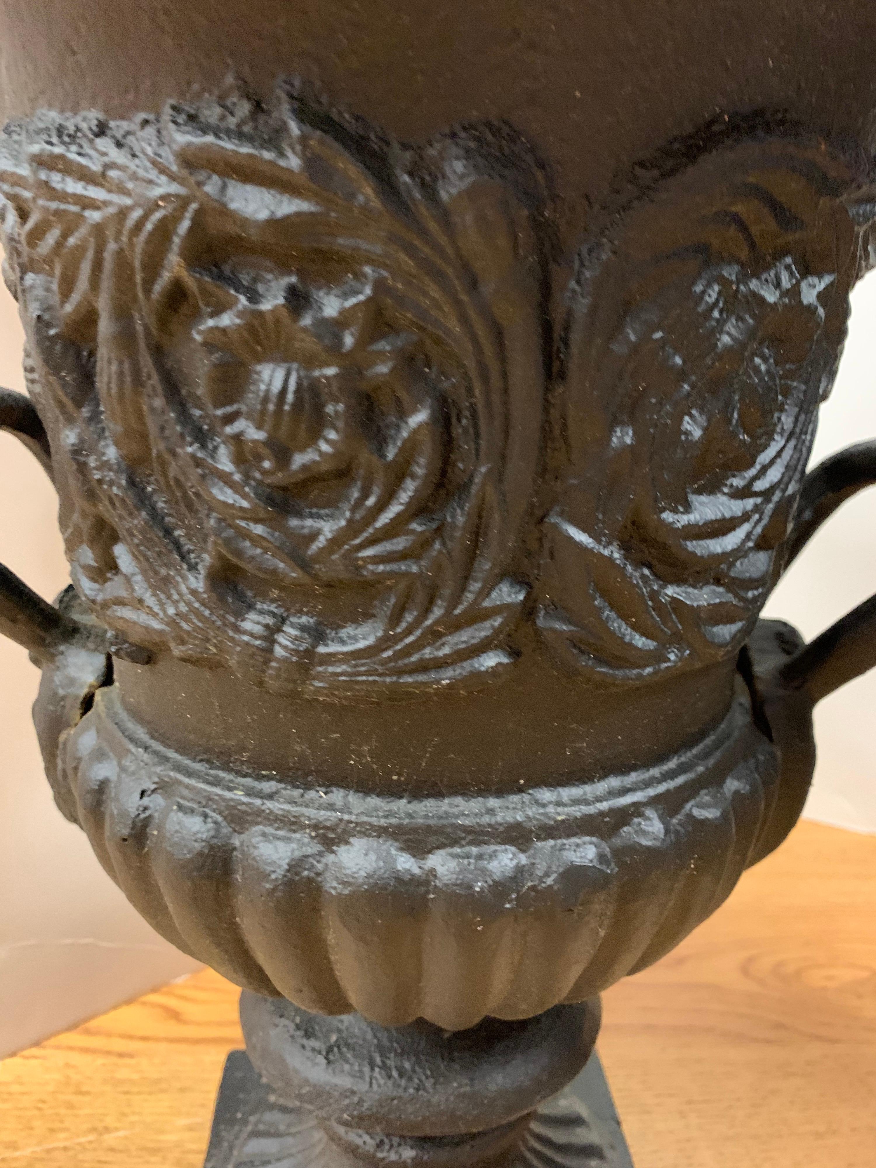 Pair of Black Cast Iron Urns Planters In Good Condition In West Hartford, CT