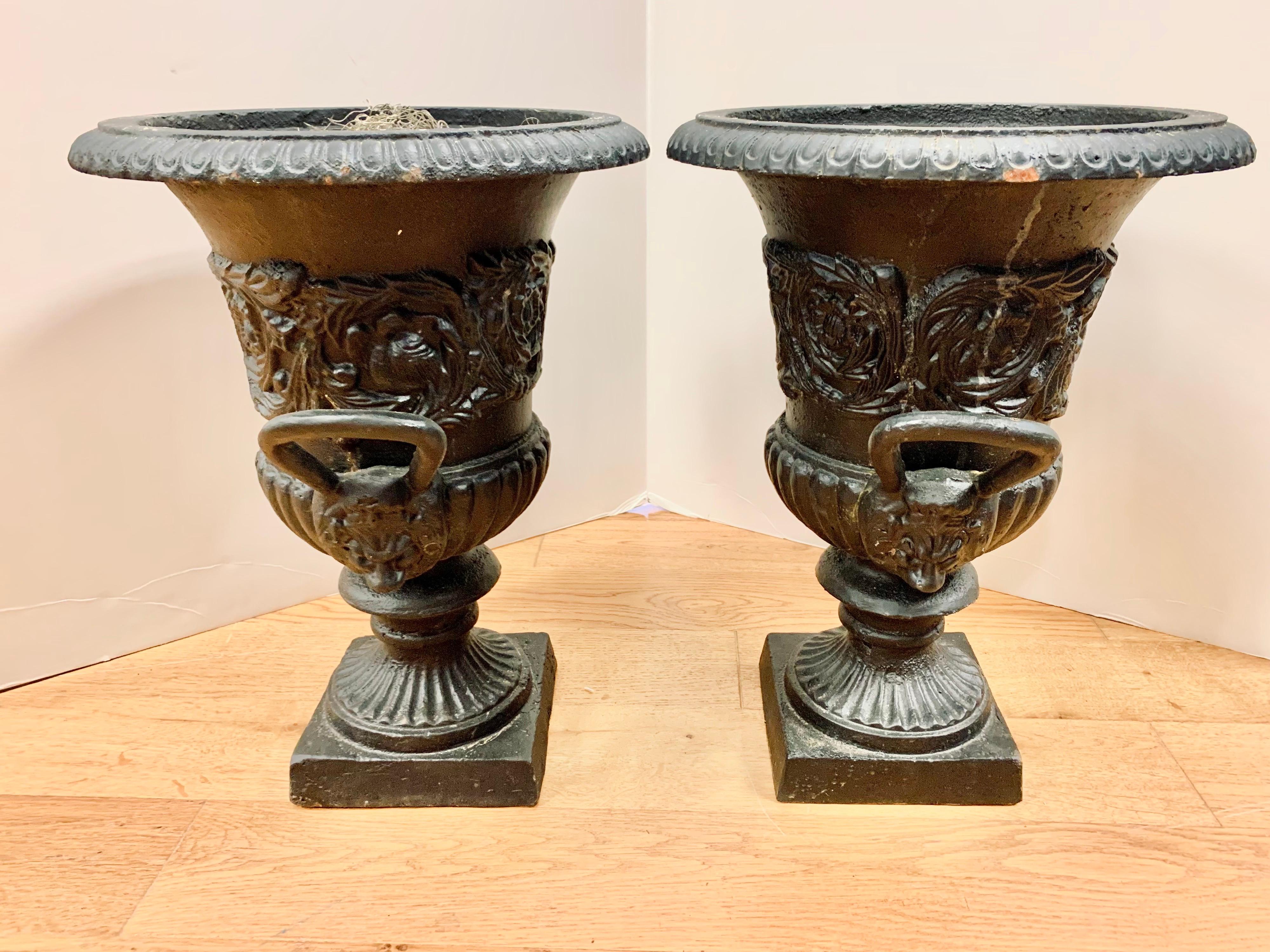 Wrought Iron Pair of Black Cast Iron Urns Planters