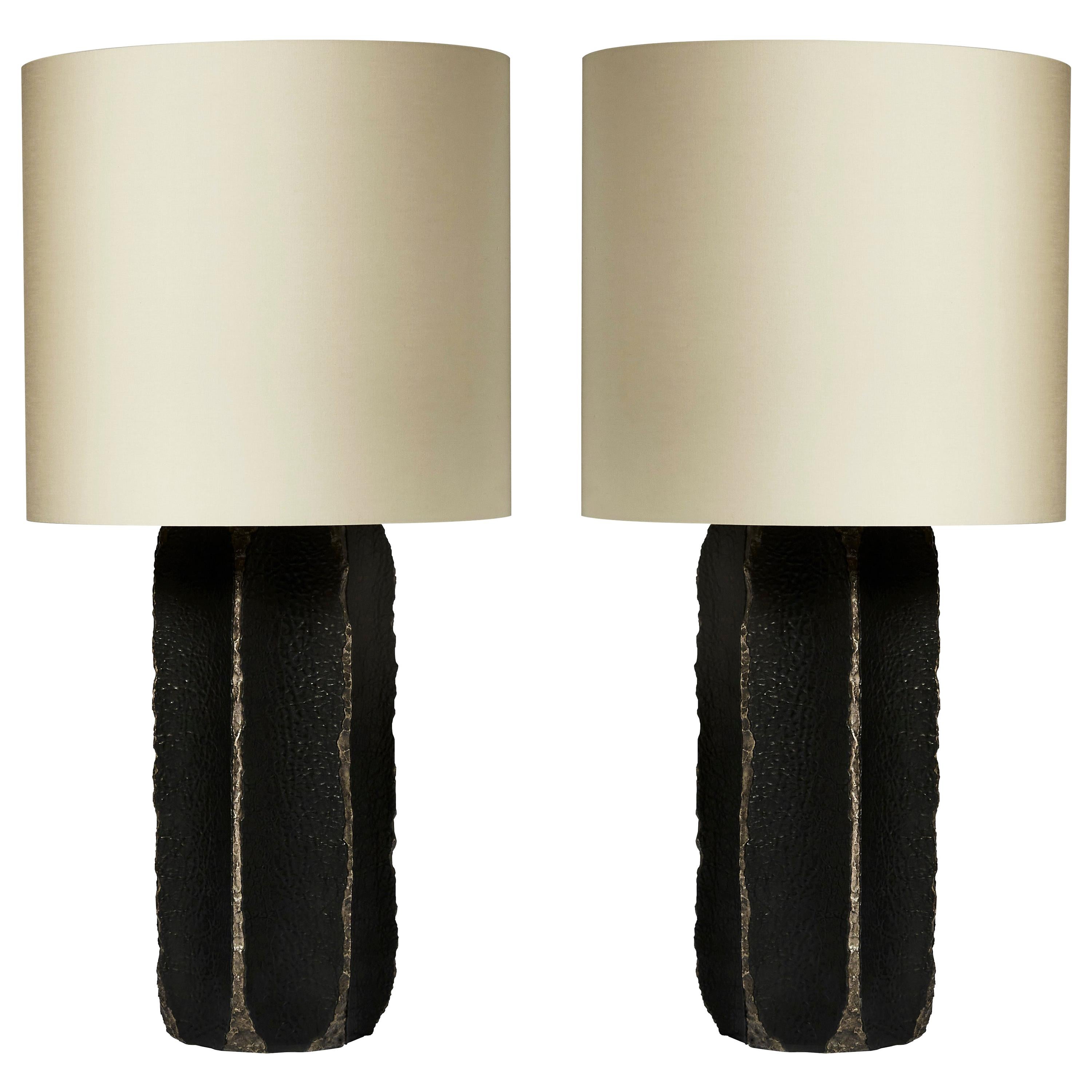 Pair of Black Ceramic and Leather Table Lamps