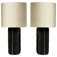 Pair of Black Ceramic and Leather Table Lamps