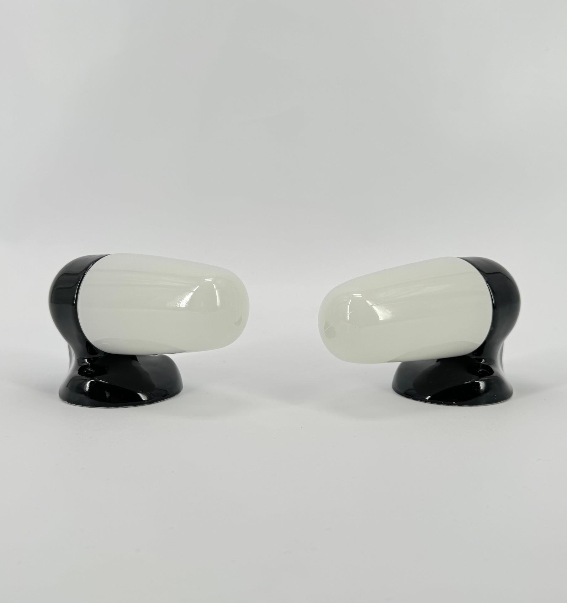 Mid-20th Century Pair of Black Ceramic and Opaline Wall Lamp By Wilhelm Wagenfeld 1950's For Sale