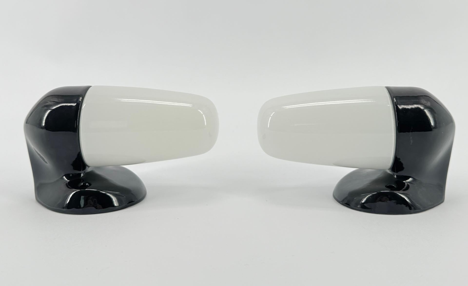 German Pair of Black Ceramic and Opaline Wall Lamp By Wilhelm Wagenfeld For Lindner