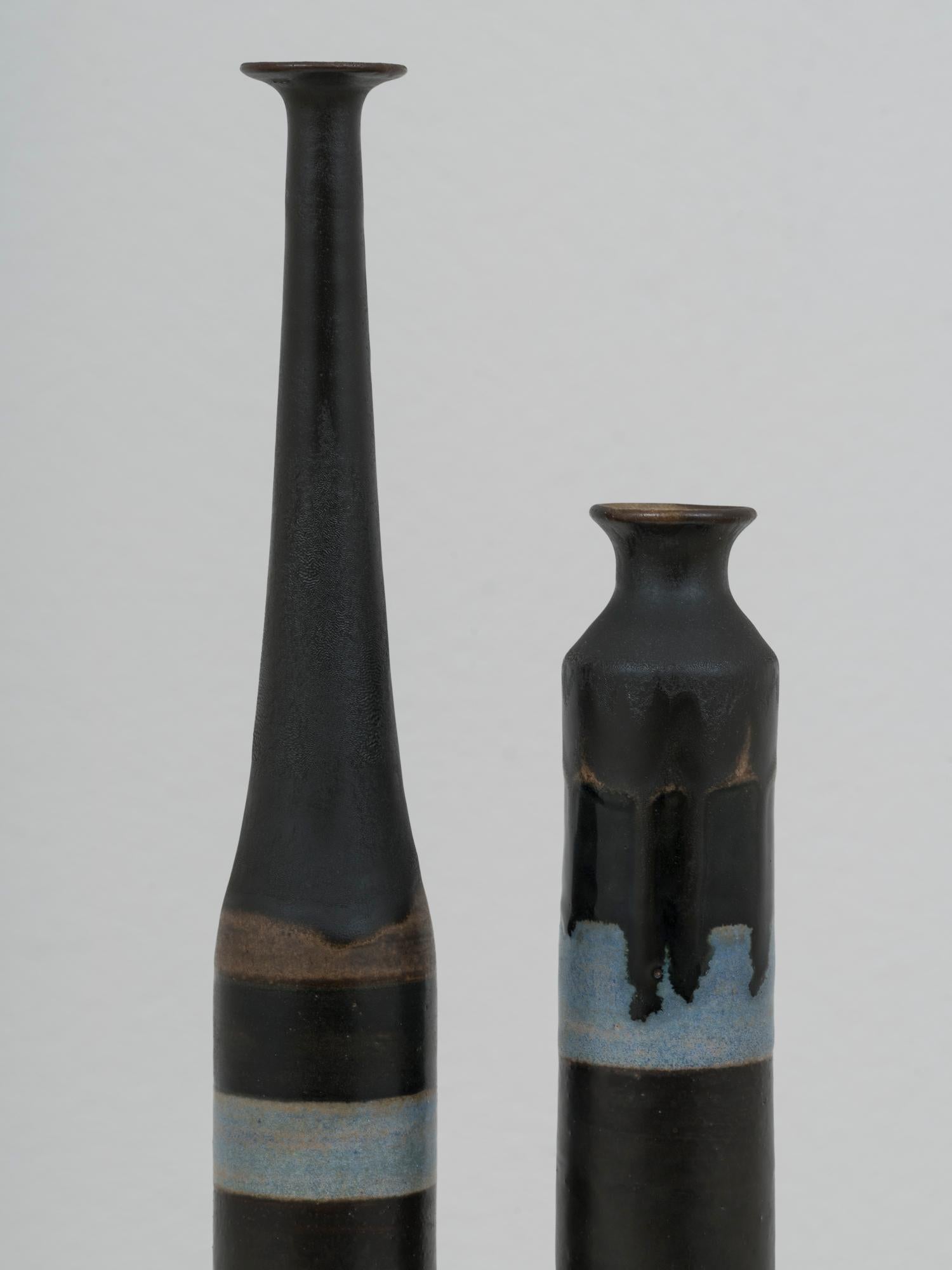 Italian Pair of Black Ceramic bottles by Bruno Gambone, 1970s  For Sale