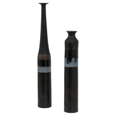 Pair of Black Ceramic bottles by Bruno Gambone, 1970s 
