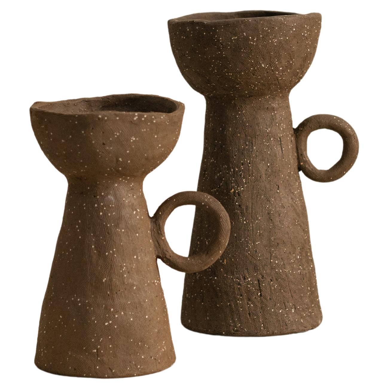 Pair of Black Ceramic Candleholder For Sale