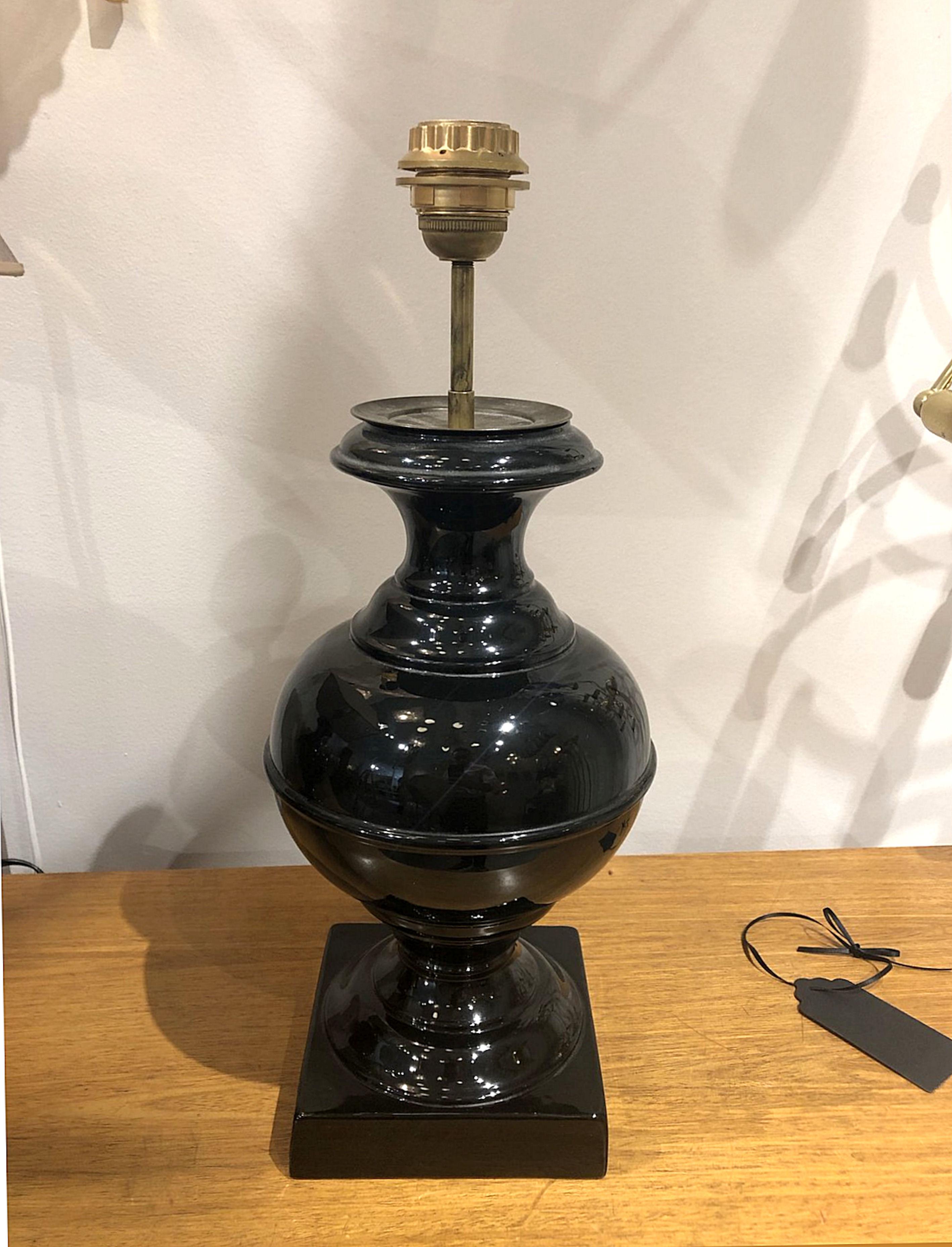 Pair of Black Ceramic French Mid-Century Modern Lamps, with New Shades In Good Condition In Dallas, TX