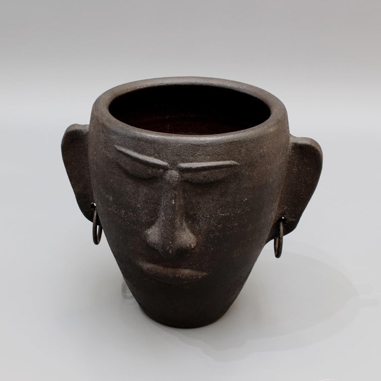 Pair of Black Ceramic Head Sculptures / Vases with Earrings, circa