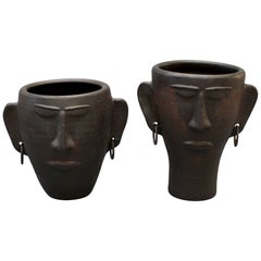 Retro Pair of Black Ceramic Head Sculptures / Vases with Earrings, circa 1950s