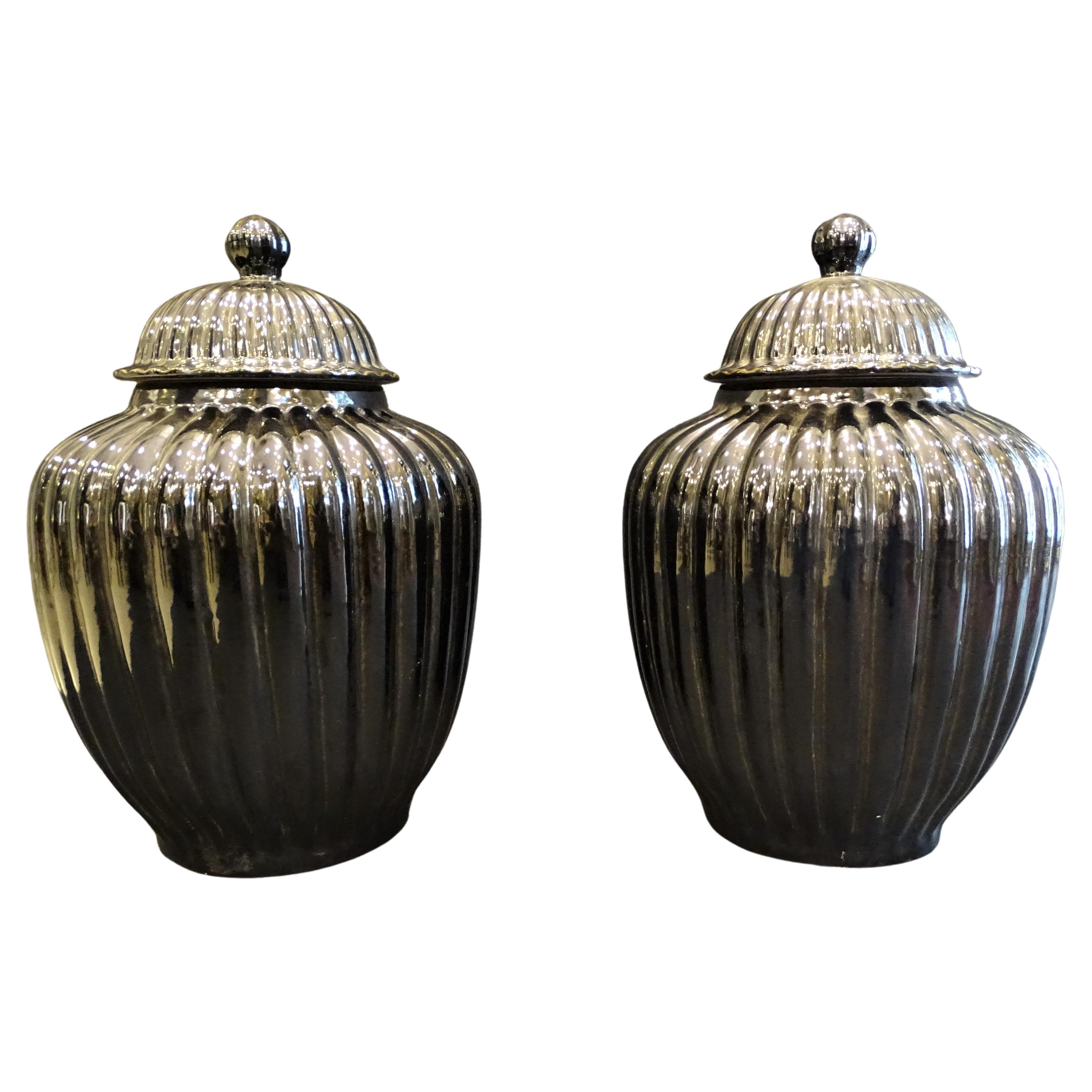 Pair of Black Ceramic Italian Vases, Bucaros, Centerpieces For Sale