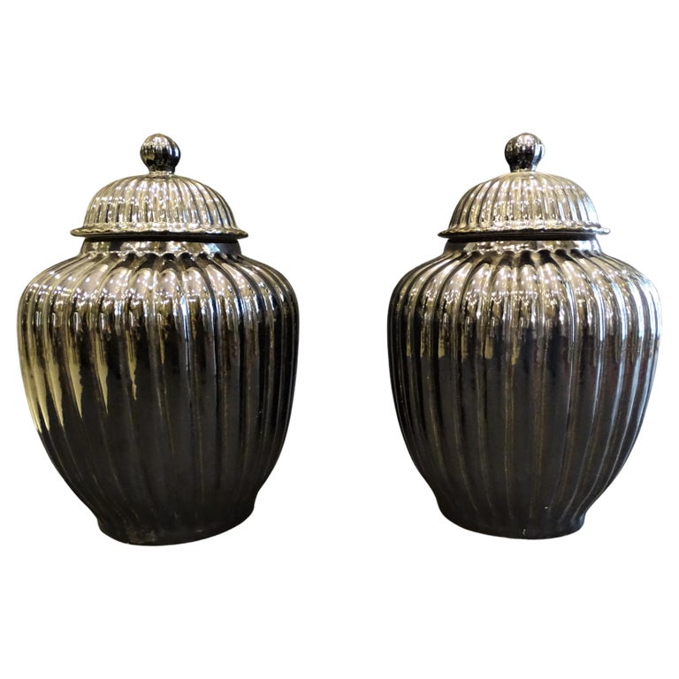 Pair of Black Ceramic Italian Vases, Bucaros, Centerpieces For Sale at