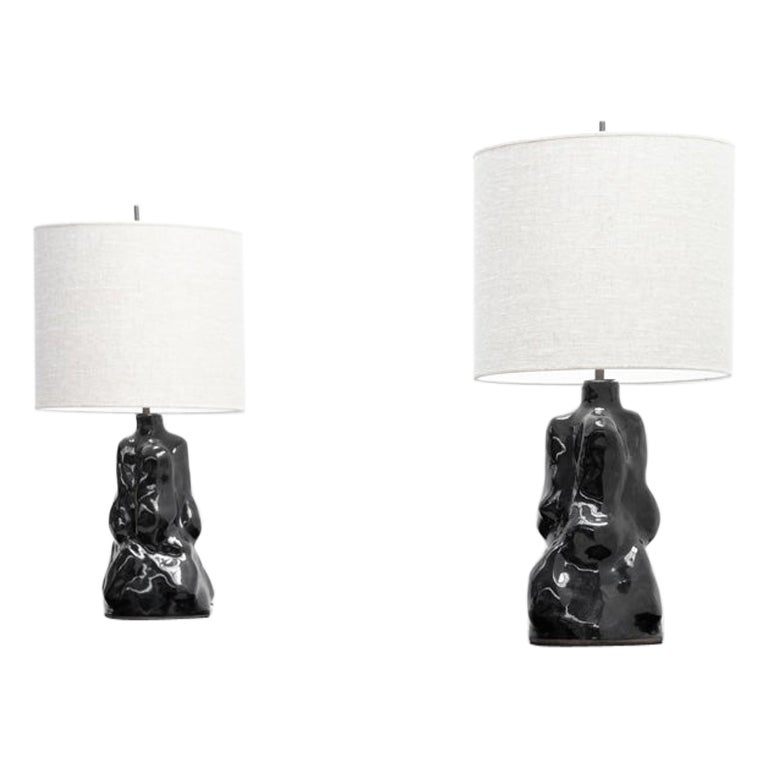 Pair of black ceramic table lamps by Aliette Vliers, Belgium