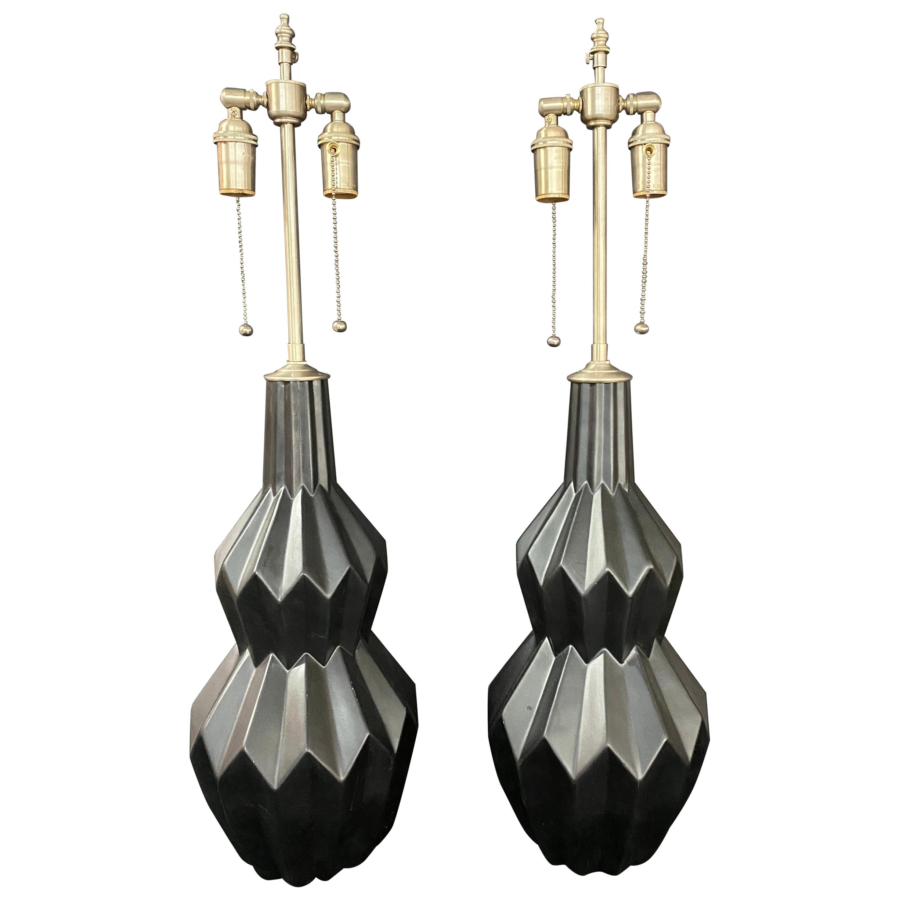 Pair of Black Charcoal Matte Diamond Shaped Table Lamps
