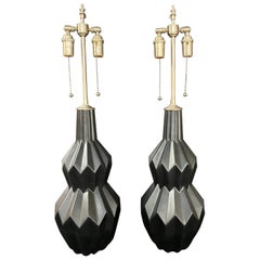 Pair of Black Charcoal Matte Diamond Shaped Table Lamps