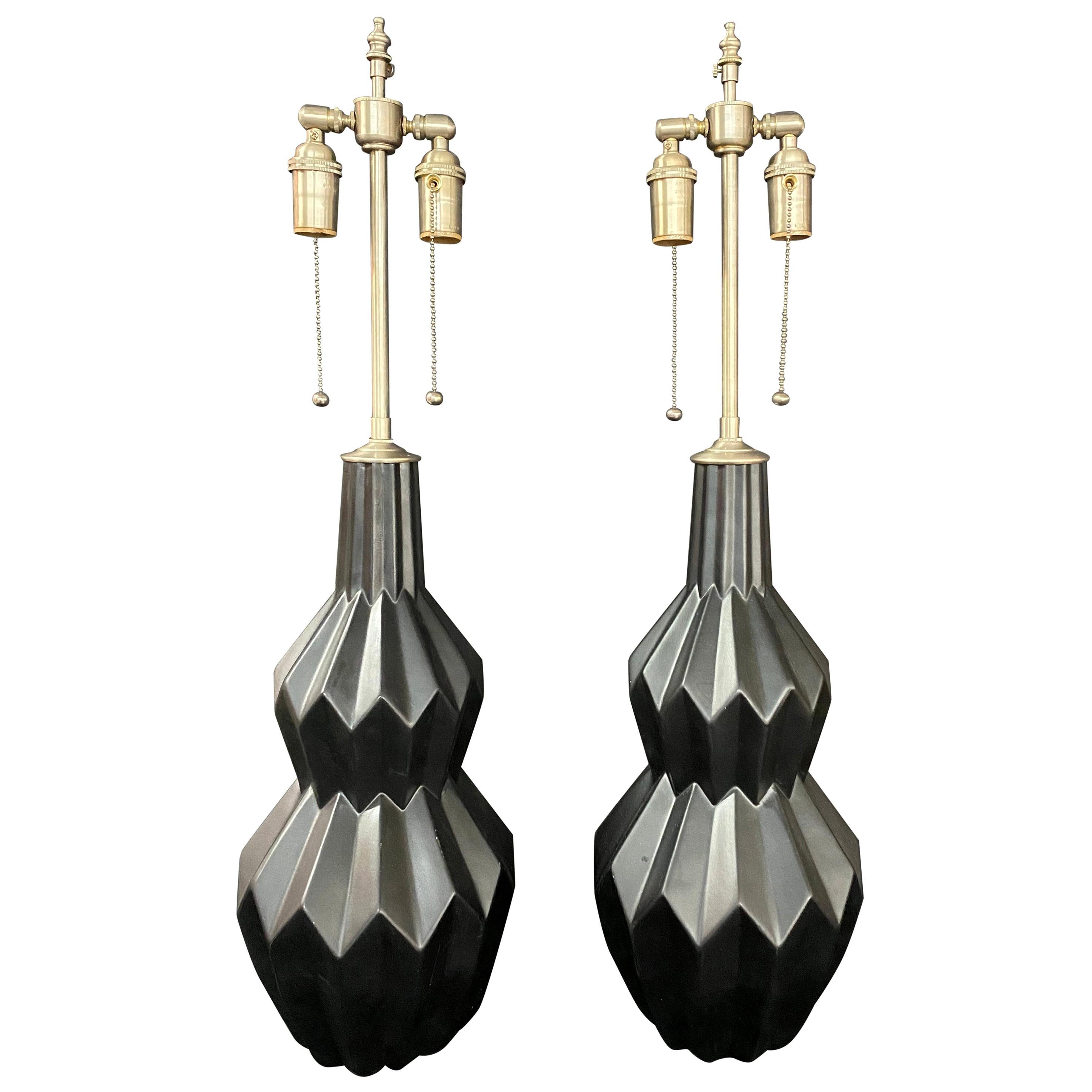 Pair of Black Charcoal Matte Diamond Shaped Table Lamps For Sale