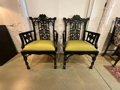 Pair of Black Chinese Chippendale Dining Arm Chairs