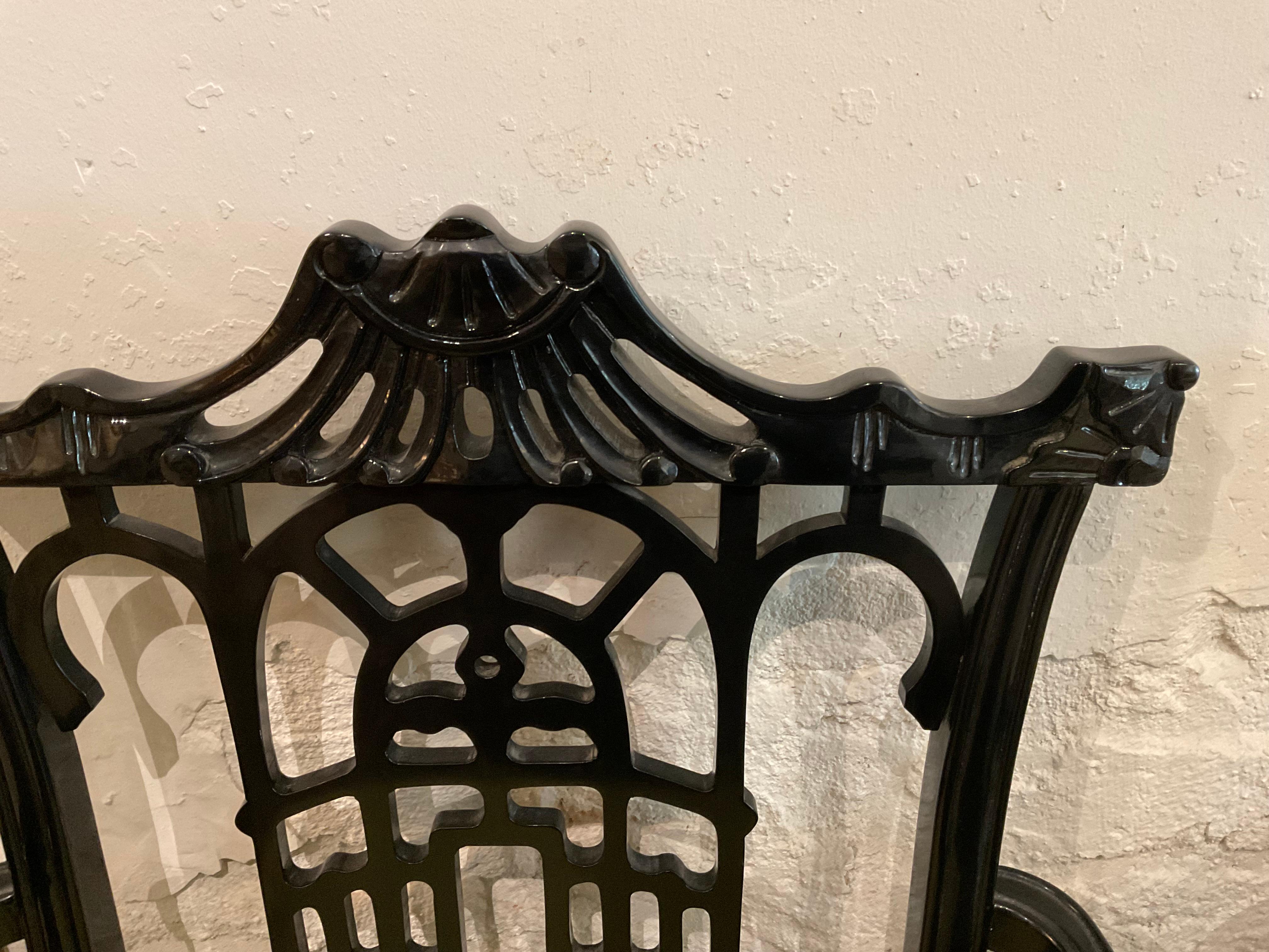 Pair of Black Chinese Chippendale Dining Arm Chairs In Good Condition For Sale In Memphis, TN