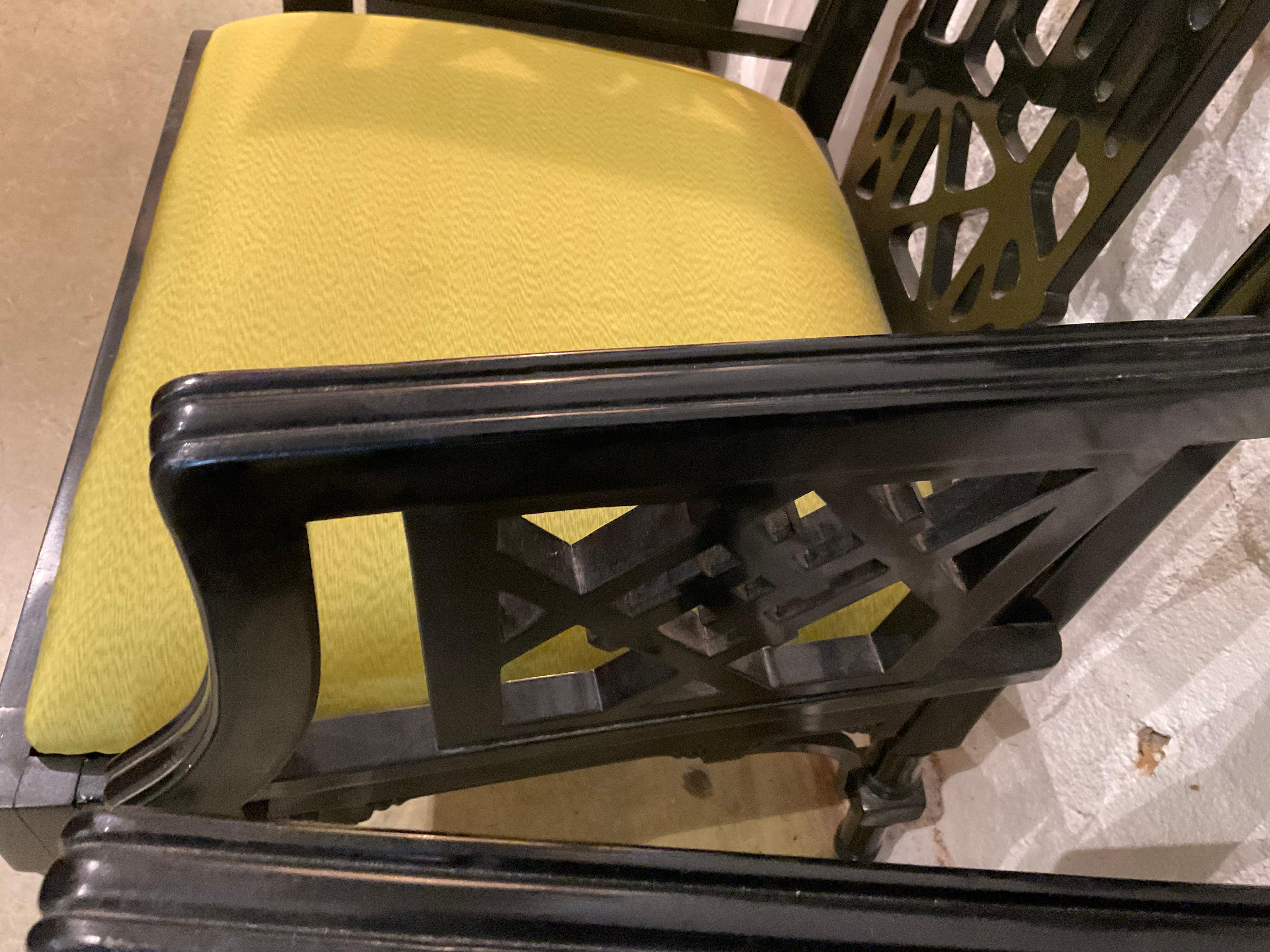 Pair of Black Chinese Chippendale Dining Arm Chairs For Sale 1
