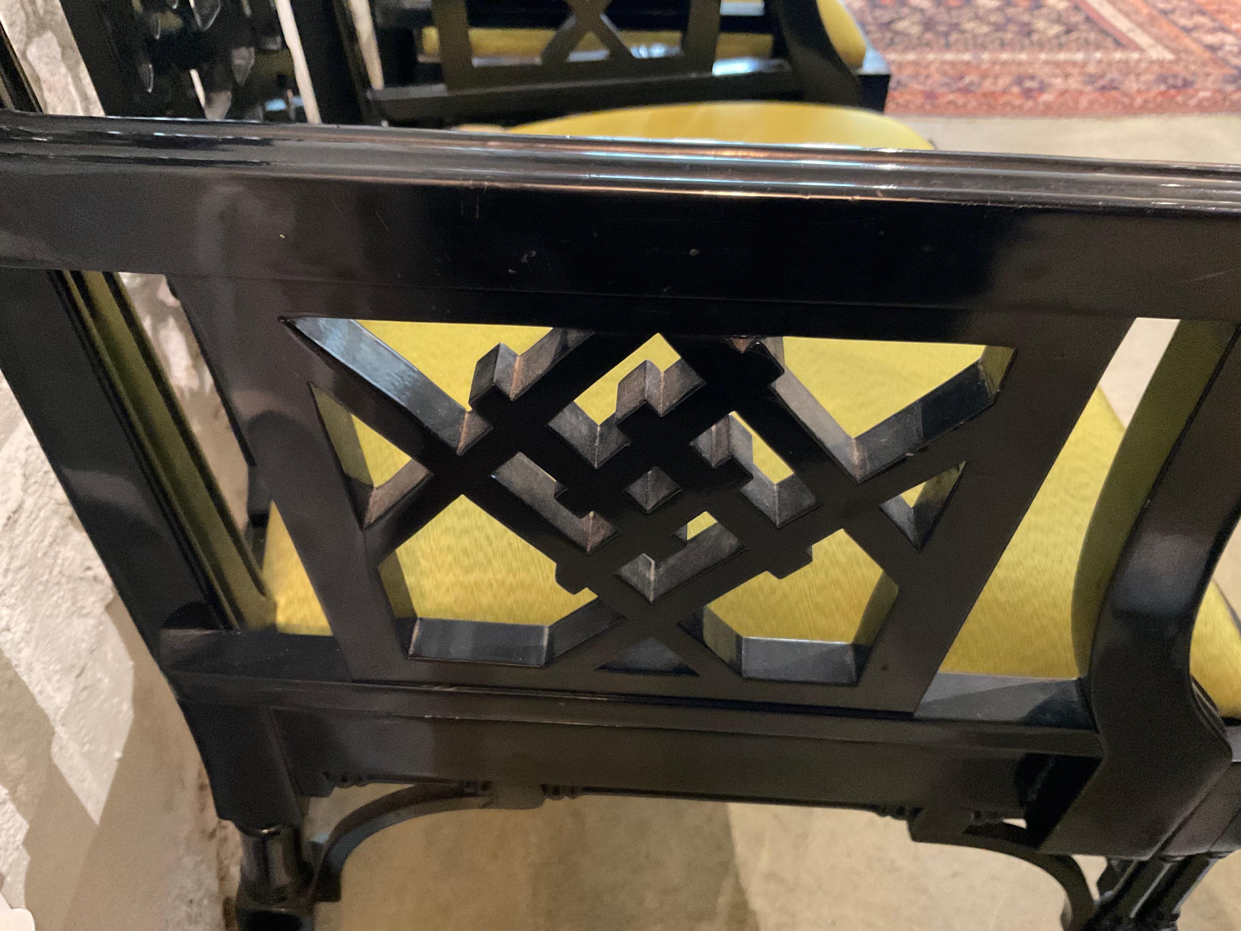 Pair of Black Chinese Chippendale Dining Arm Chairs For Sale 3