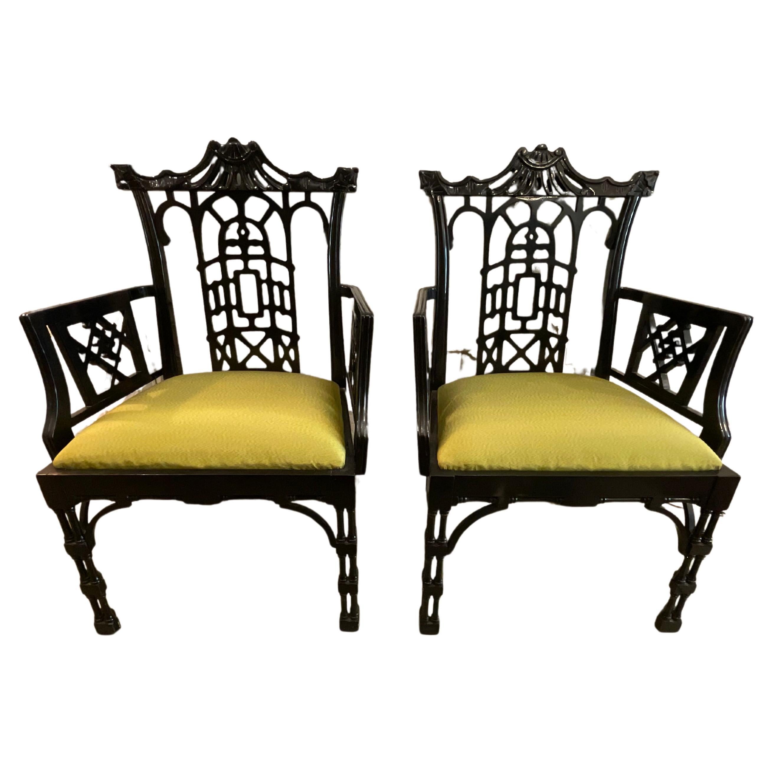 Pair of Black Chinese Chippendale Dining Arm Chairs
