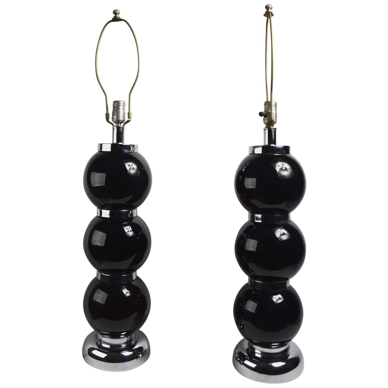 Pair of Black Chrome Ball Lamps by Kovacs