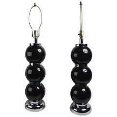 Vintage Pair of Black Chrome Ball Lamps by Kovacs