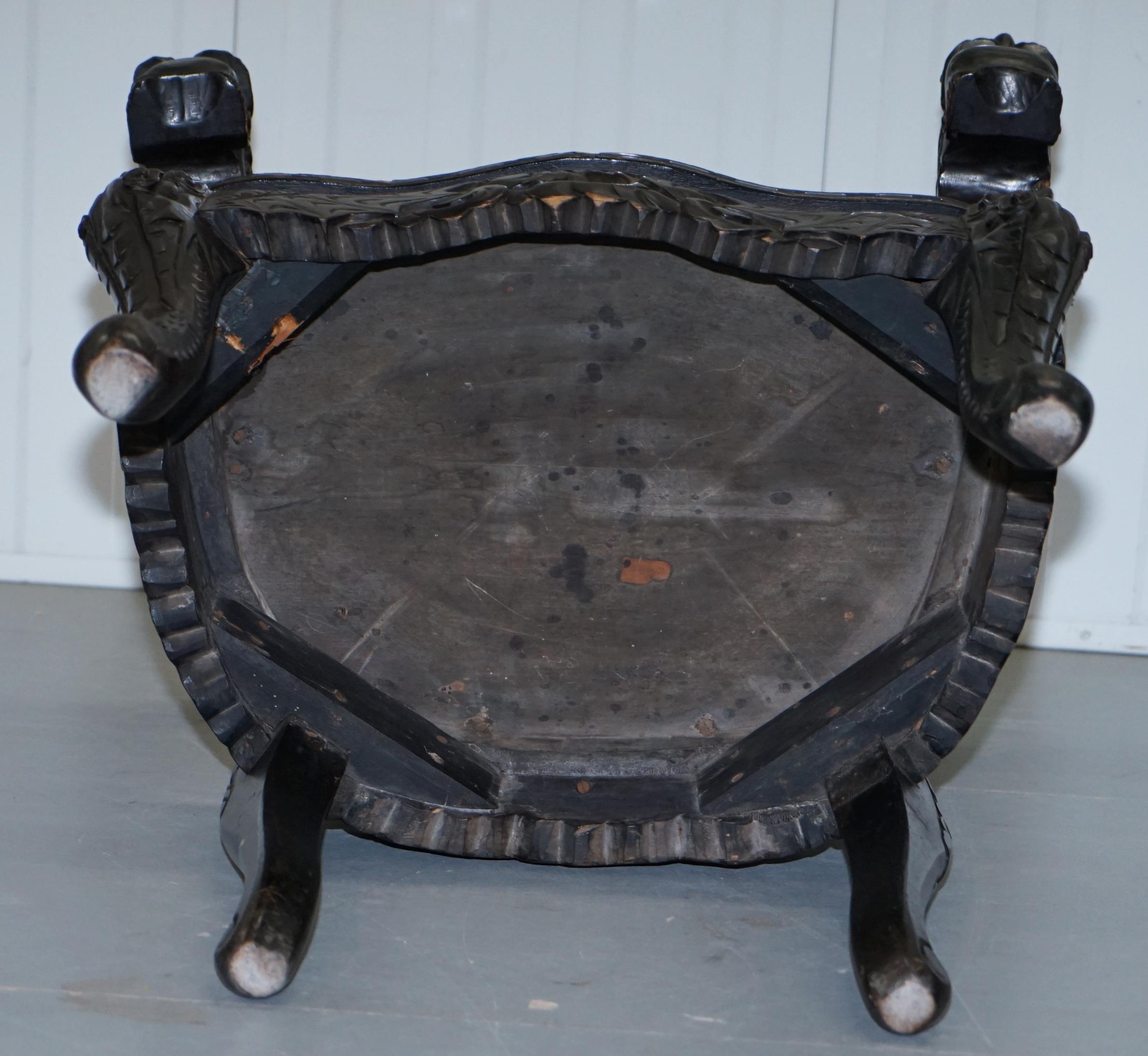 Pair of Black Qing Dynasty Carved Dragon and Lion Foo Dogs Armchairs, circa 1870 4