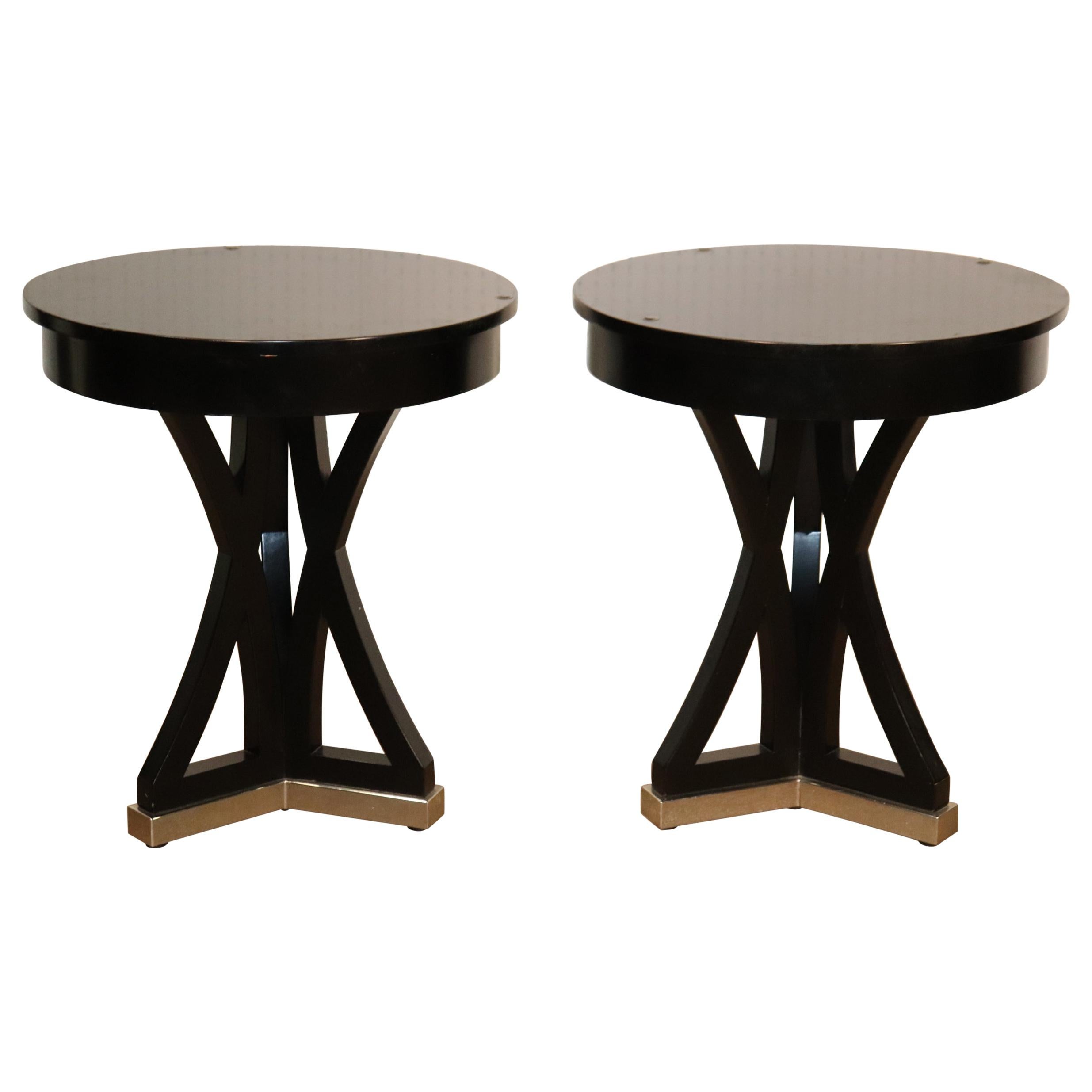 Pair of Black Contemporary Round End Tables with Metal Bases