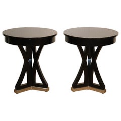 Pair of Black Contemporary Round End Tables with Metal Bases