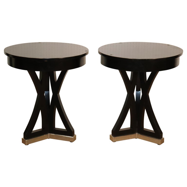 Pair of Black Contemporary Round End Tables with Metal Bases at 1stDibs