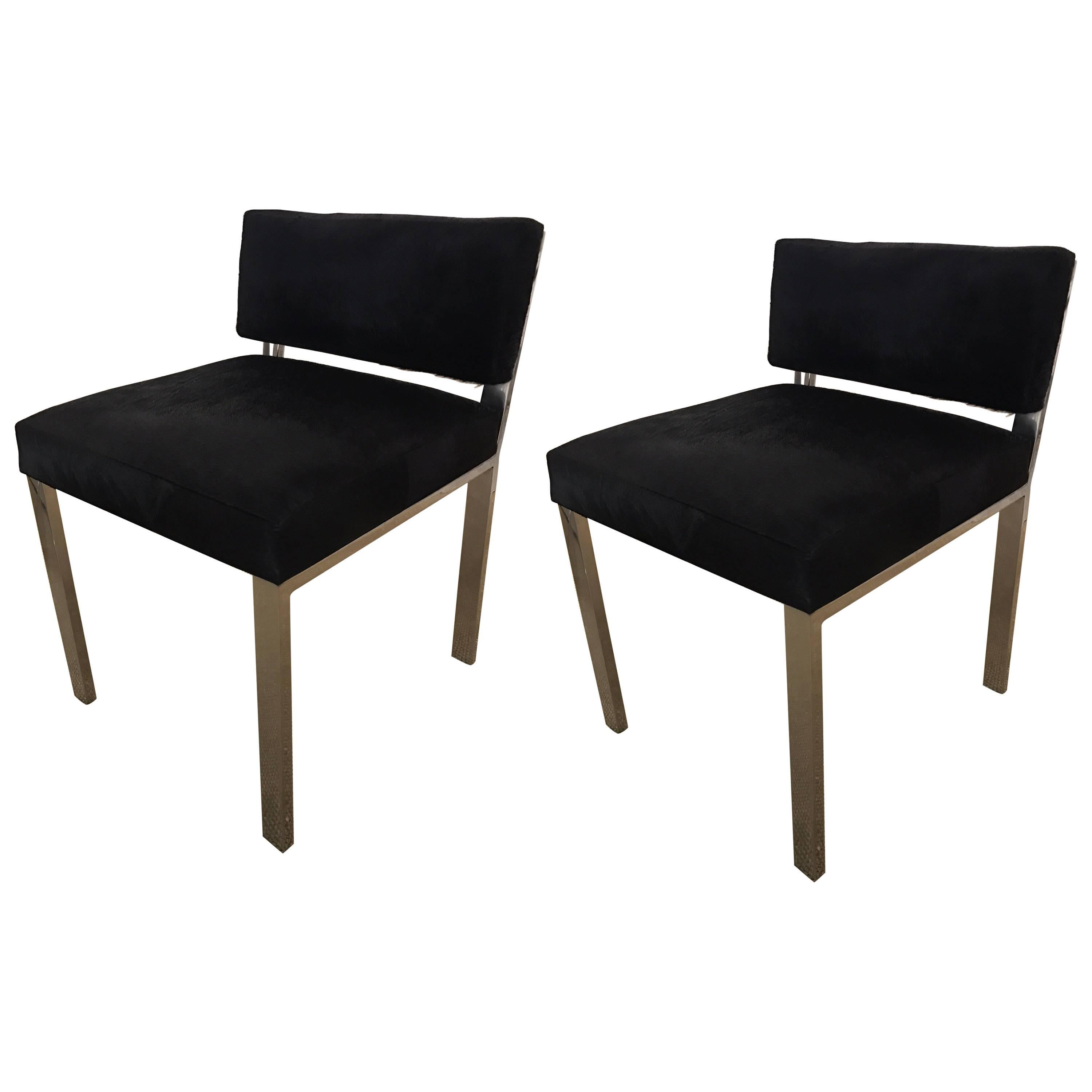Pair of Black Cowhide Cow Hide and Chrome Chairs Billy Haines Style