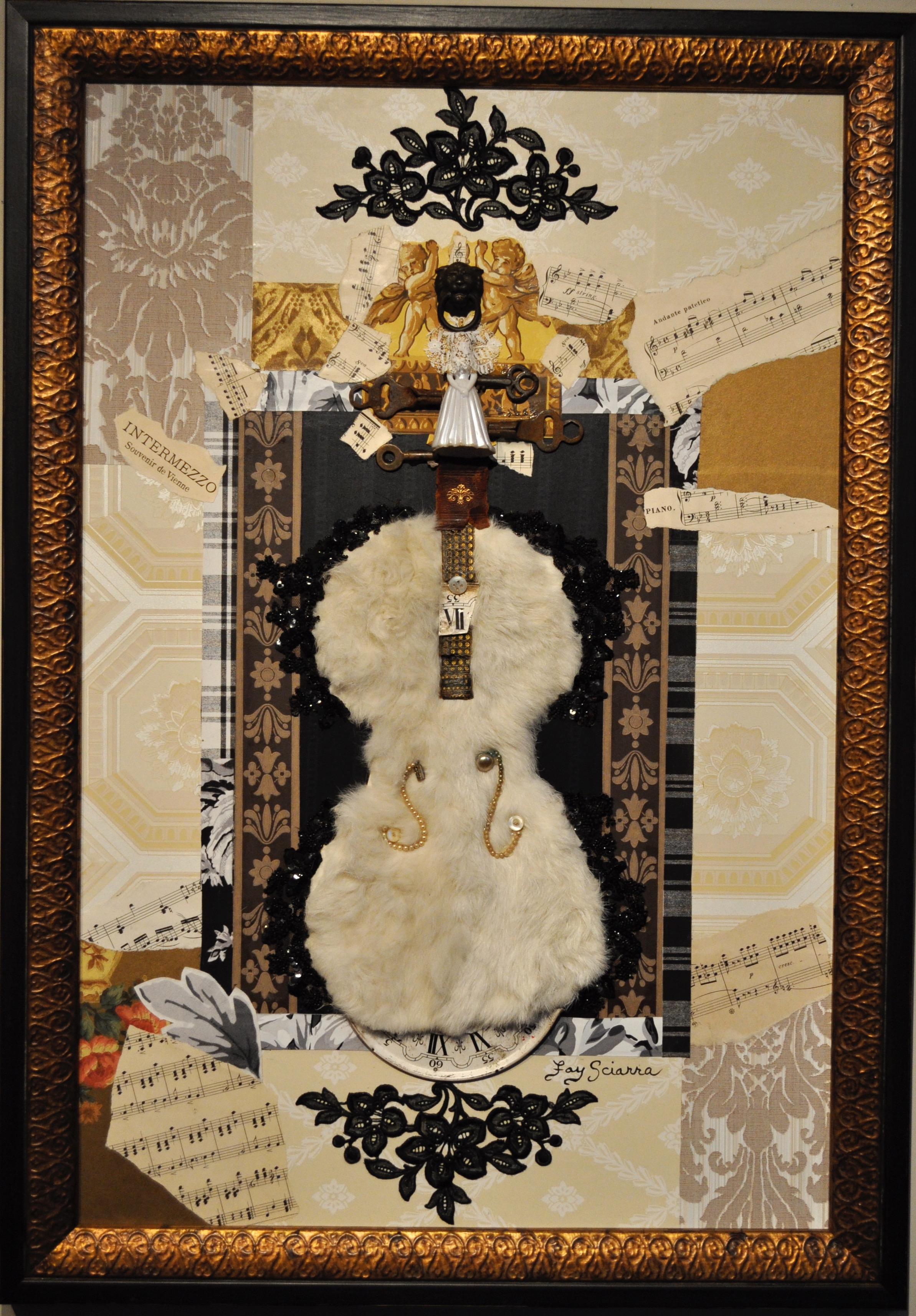 Wonderfully intricate mixed-media collages having cream and black and gold vintage wallpaper, authentic mink fur, leather book bindings, porcelain and plastic figurines, and other ephemera. The title of the pair is Bride & Groom, for obvious