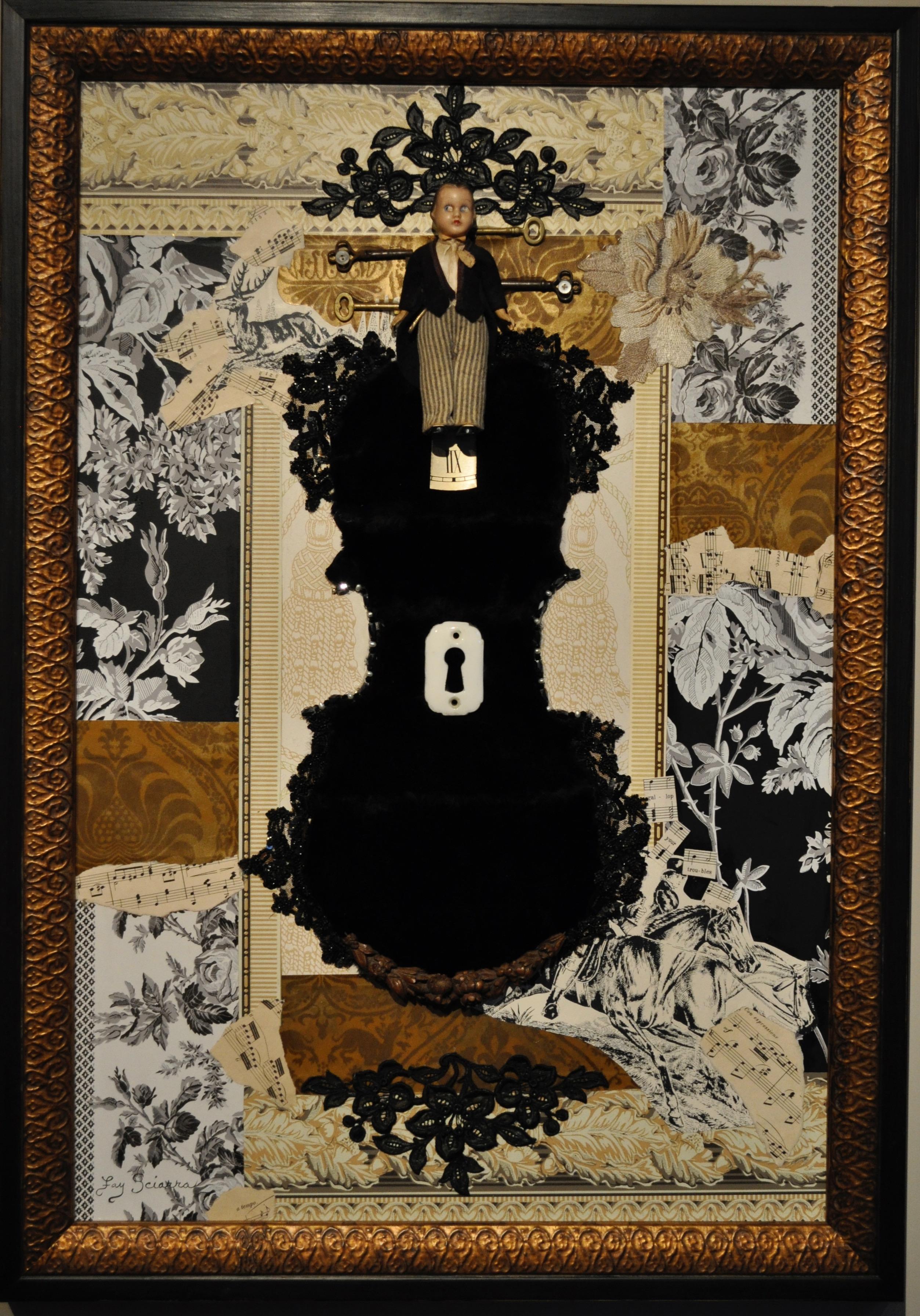 American Pair of Black, Cream and Gold Mixed-Media Collages Titled Bride & Groom For Sale