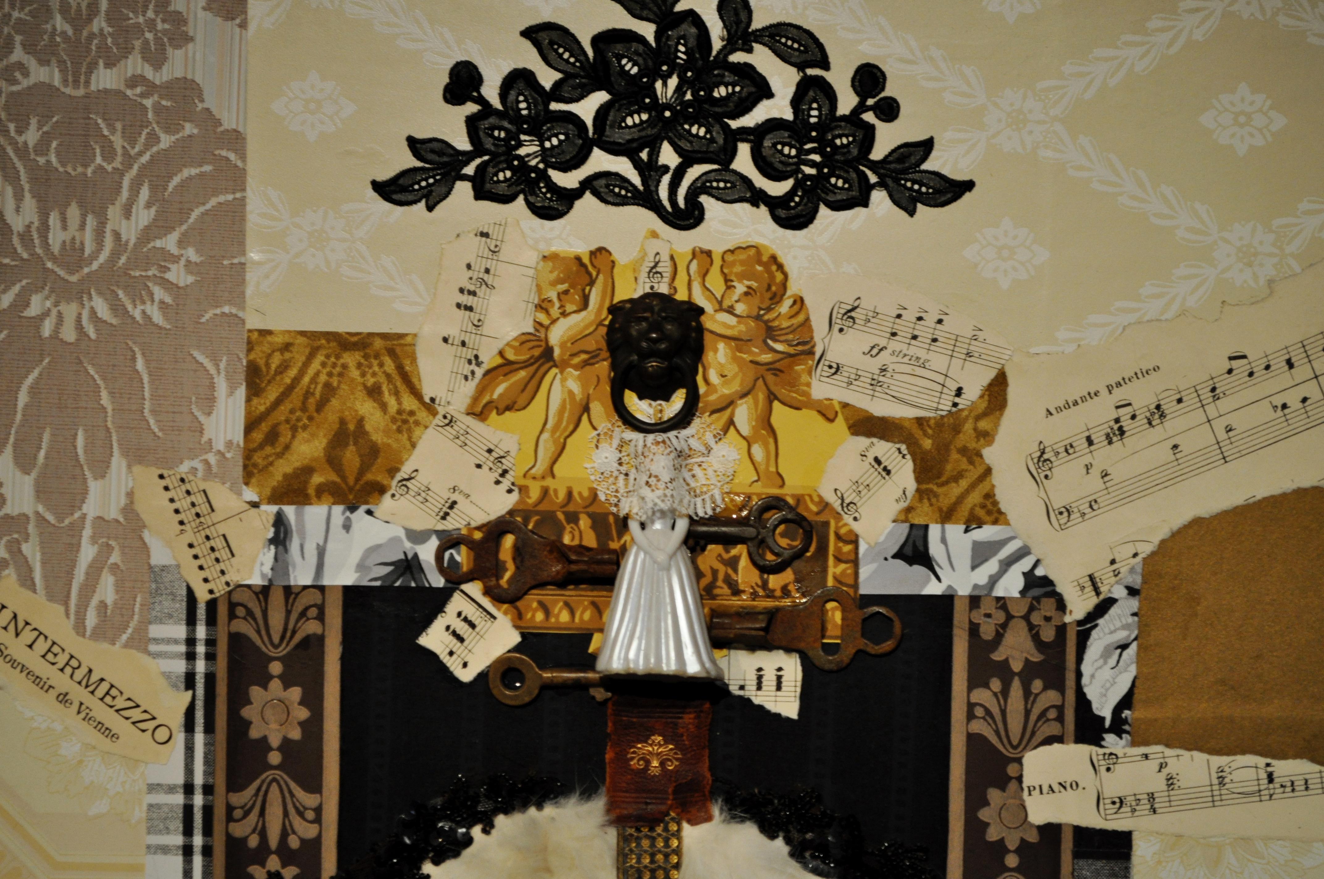 Contemporary Pair of Black, Cream and Gold Mixed-Media Collages Titled Bride & Groom For Sale
